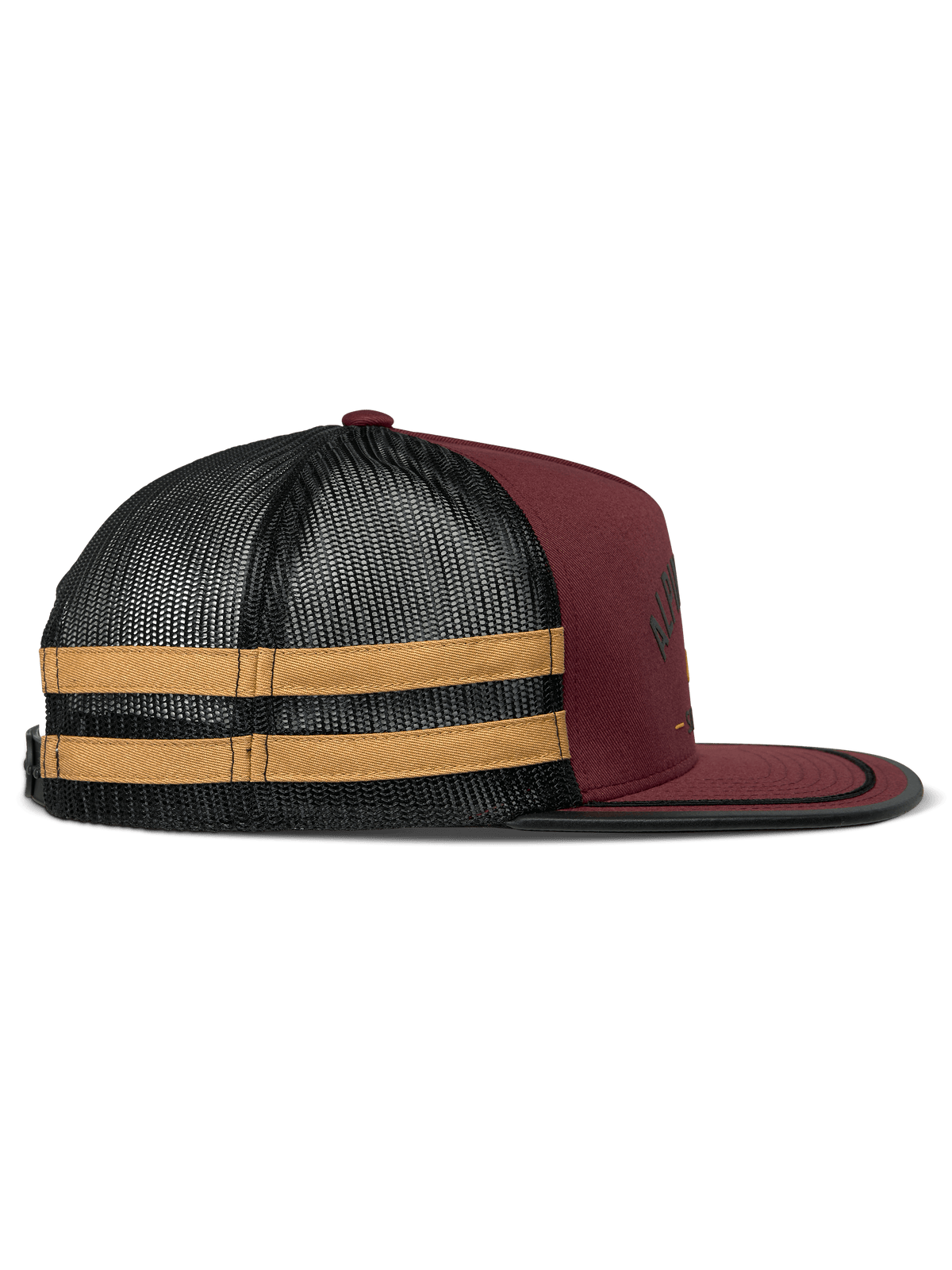 Alpinestars Backline Trucker Hat, Brick Black and Mustard, side profile view, dark red twill front with black mesh back and yellow side stripes, flat bill with black suttache trim, casual motorsport-inspired headwear