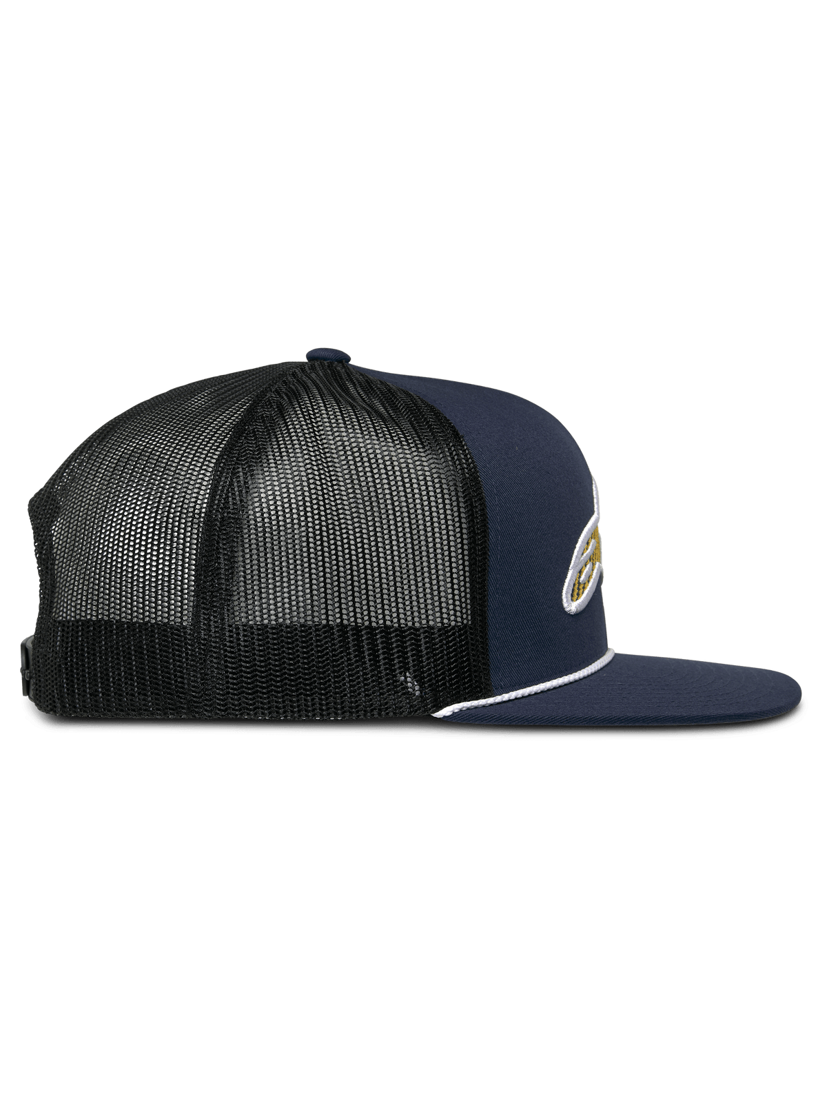 Alpinestars Orion Trucker Mütze, Seitenansicht, dunkelblaue Twill-Vorderseite mit schwarzer Mesh-Rückseite, flacher Schirm mit weißem Seilbesatz, strukturierte Krone, lässige Motorsport-Kopfbedeckung