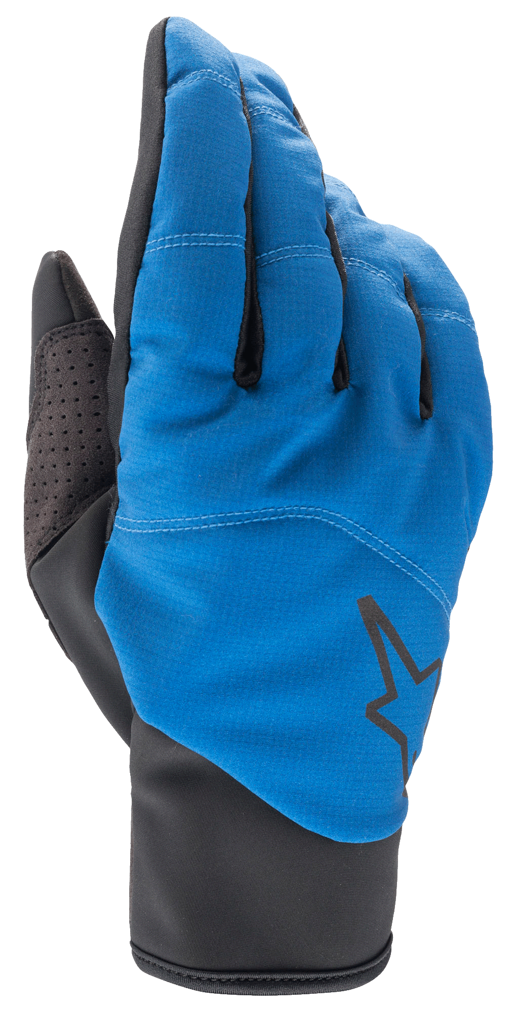 Alpinestars Denali 2 Gloves, MTB Mountain Biking Gloves, Mid Blue and Black, featuring a weather-resistant softshell backhand with a black star logo, perforated thumb reinforcement, and a sleek slip-on cuff for cold weather riding.