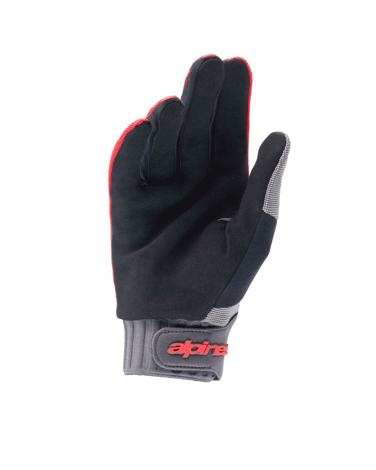 Alpinestars Youth A-Dura Handschuhe, Mountainbike-Handschuhe, Fluo-Rot und Schwarz, Handflächenansicht zeigt synthetisches Wildleder, graue Neopren-Manschette mit Klettverschluss und rotem Alpinestars-Logo, konzipiert für den Jugend-Radsport