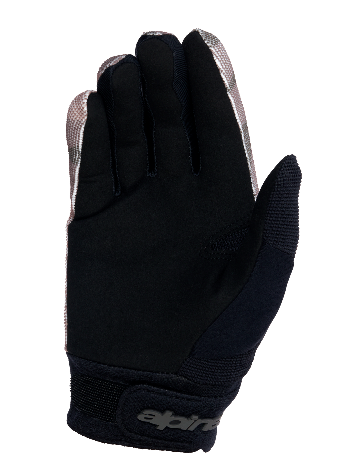 Alpinestars Youth A-Dura Handschuhe, Mountainbike-Handschuhe, Camo und Schwarz, Handflächenansicht mit strapazierfähigem synthetischem Wildleder für Grip, Neopren-Manschette mit Klettverschluss am Handgelenk und feuchtigkeitsableitendem Schweißabwischpaneel am Daumen.