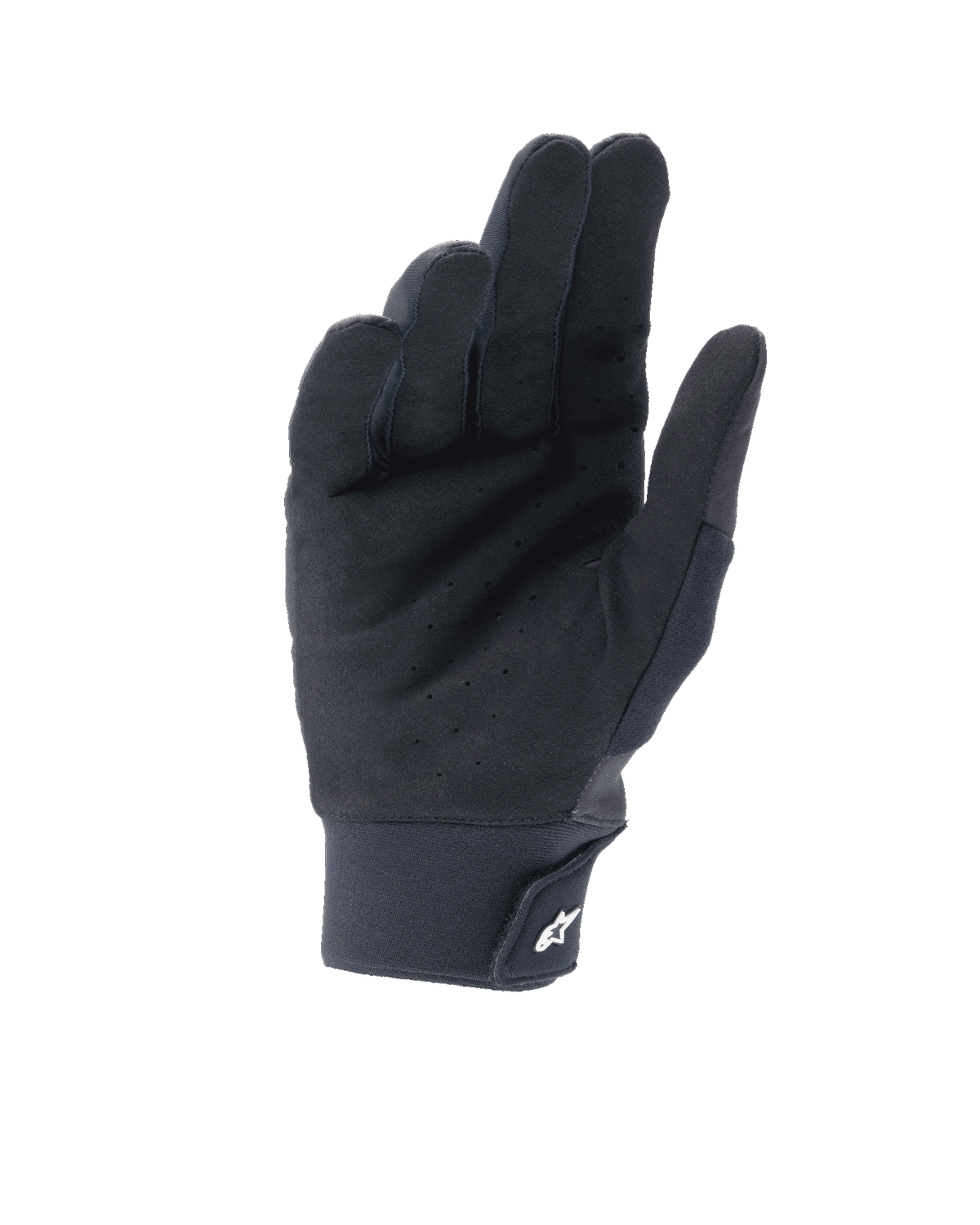 Alpinestars A-Supra Shield Handschuhe, Schwarz, Handflächenansicht mit perforiertem synthetischem Wildleder zur Belüftung, Neoprenbündchen mit Klettverschluss und weißem Stern-Logo, technische Ausrüstung für MTB- und Gravity-Fahrten