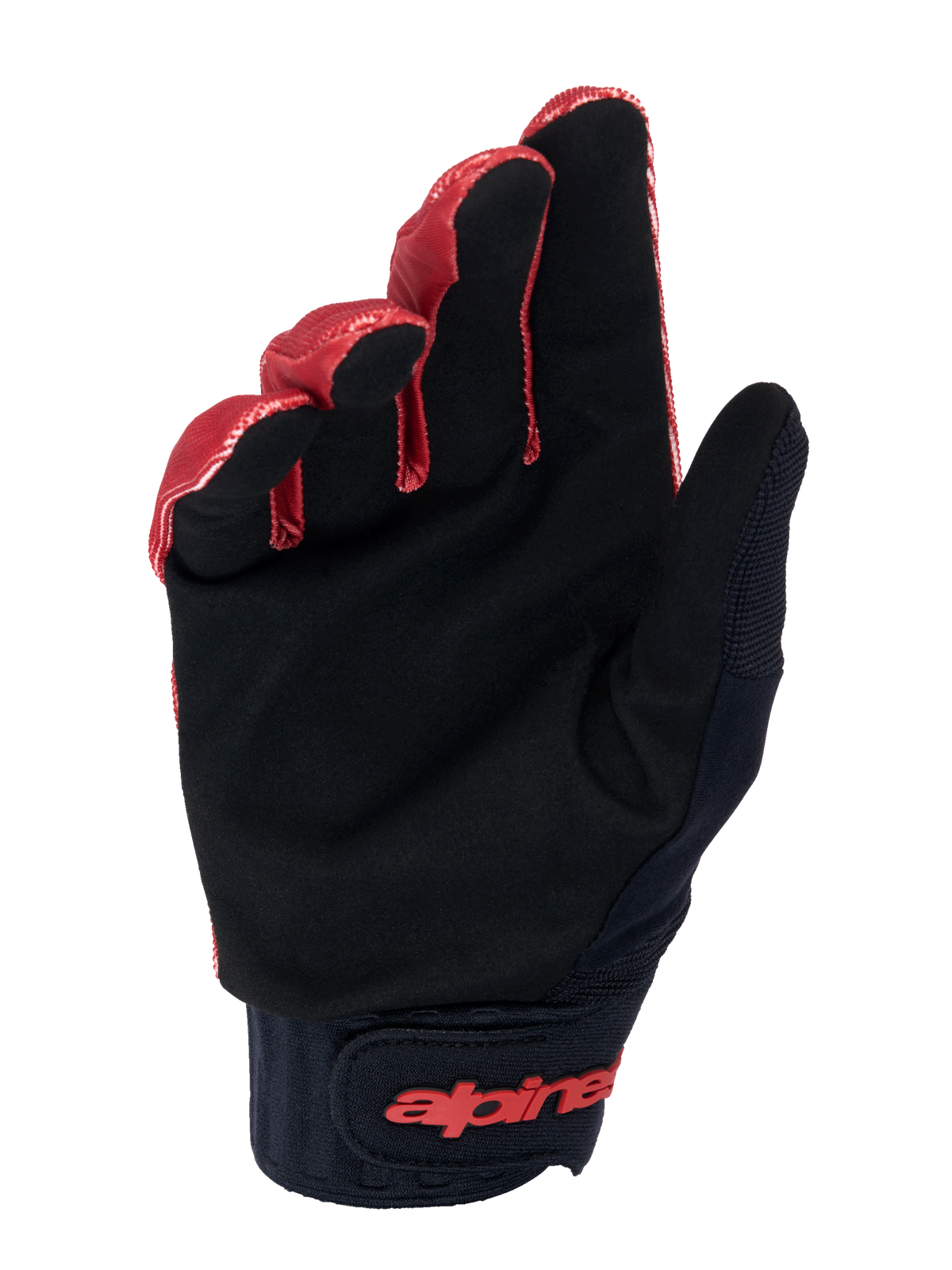 Alpinestars A-Dura Handschuhe, Mountainbike-Handschuhe, Dunkelorange und Schwarz, Handflächenansicht mit schwarzem synthetischem Wildleder für Grip, breiter Neoprenbund mit rotem Branding auf dem Klettverschluss am Handgelenk, entwickelt für MTB-Haltbarkeit und Fahrgefühl