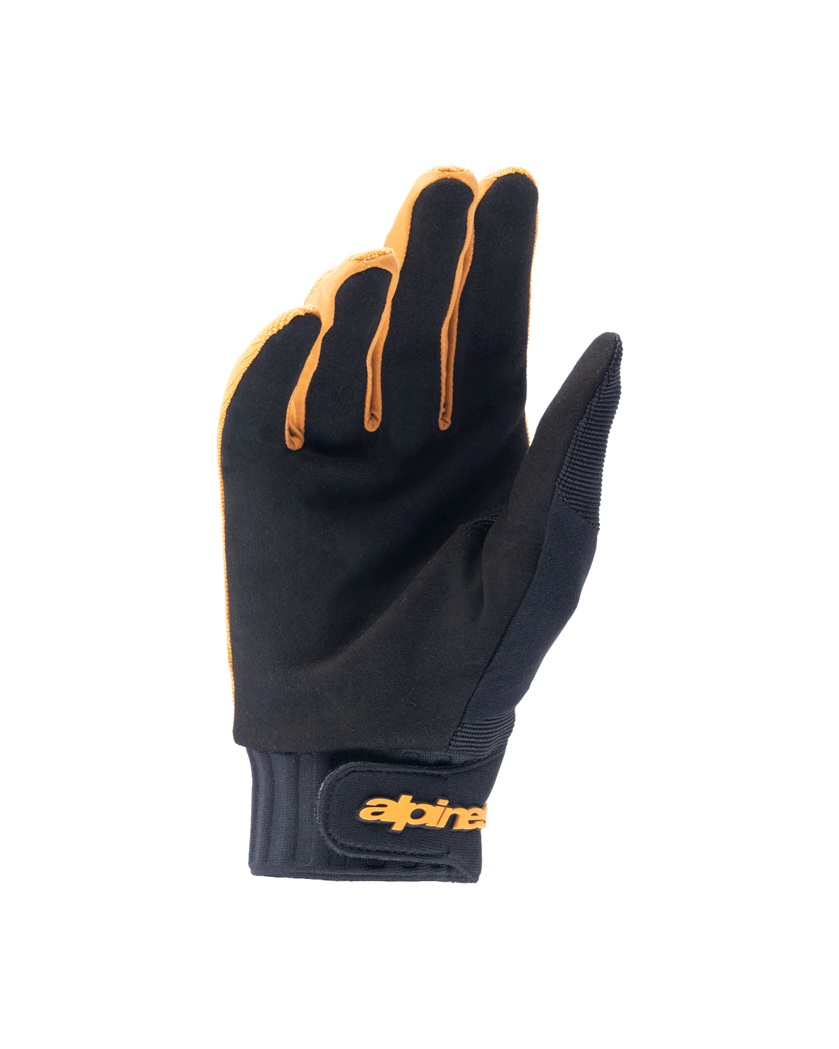 Alpinestars A-Dura Gloves, Mountain Bike Gloves, Dark Gold and Black, palm view showing synthetic suede material, neoprene cuff with gold hook and loop wrist strap, designed for cycling grip and mobility.