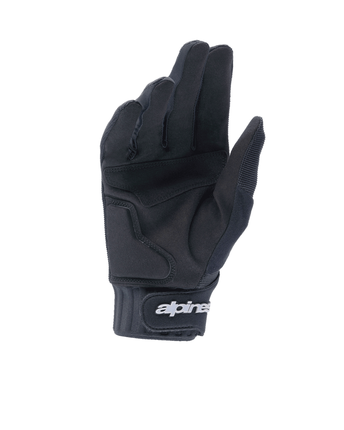 Alpinestars A-Dura Gel Handschuhe, schwarze Mountainbike-Handschuhe, Handflächenansicht mit synthetischer Wildlederkonstruktion und Gel-Polsterung, Neoprenmanschette mit Klettverschluss und weißem Alpinestars-Branding, ergonomische Fahrradausrüstung für Trail- und Enduro-Fahrten