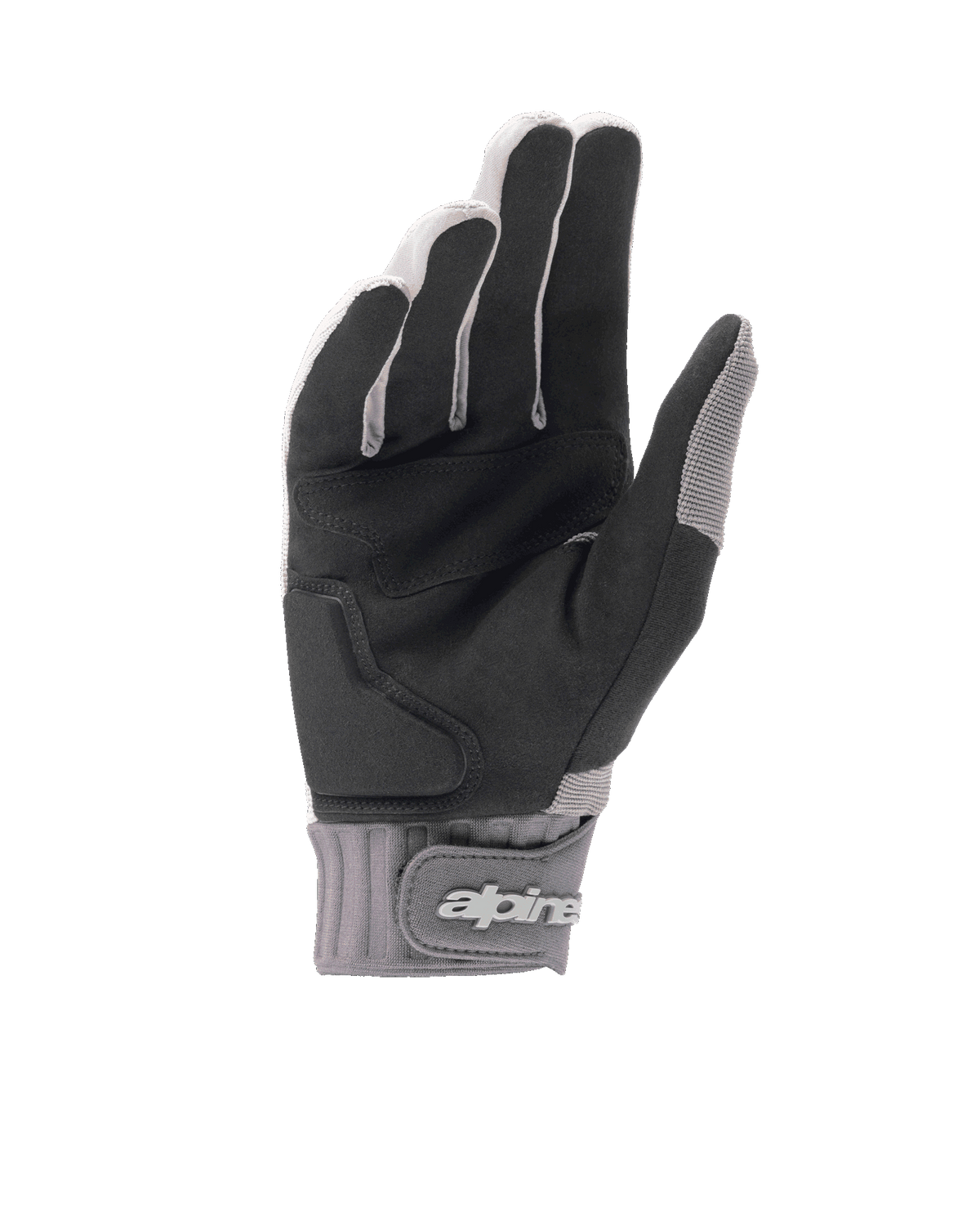 Alpinestars A-Dura Gel Gloves, Light Gray and Black mountain bike gloves, palm view showing black synthetic suede with gel insert padding, neoprene cuff with hook-and-loop wrist closure featuring branding, ergonomic cycling gear