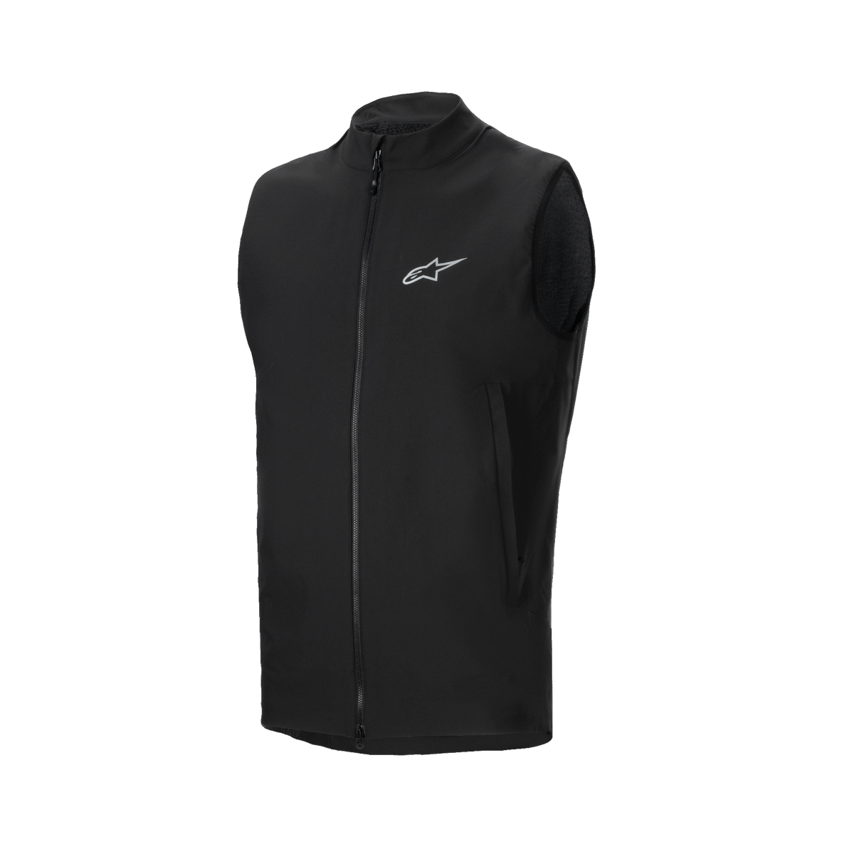 Alpinestars A-Dura Thermal Vest, Black Cycling Vest, featuring a full front zipper and small reflective Alpinestars logo on the chest, zippered side pockets, lightweight insulated design for cold-weather mountain biking