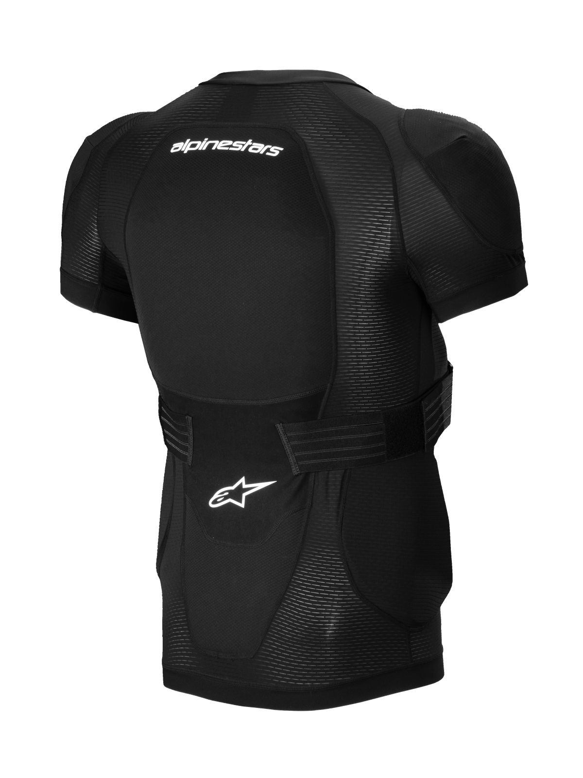 Alpinestars A-Impact Plasma Schutzjacke – Kurzarm, Schwarz, Rückansicht mit integriertem Rückenprotektor, weißem Alpinestars-Branding, verstellbarem Taillengurt und atmungsaktiver Mesh-Konstruktion für MTB-Schutz