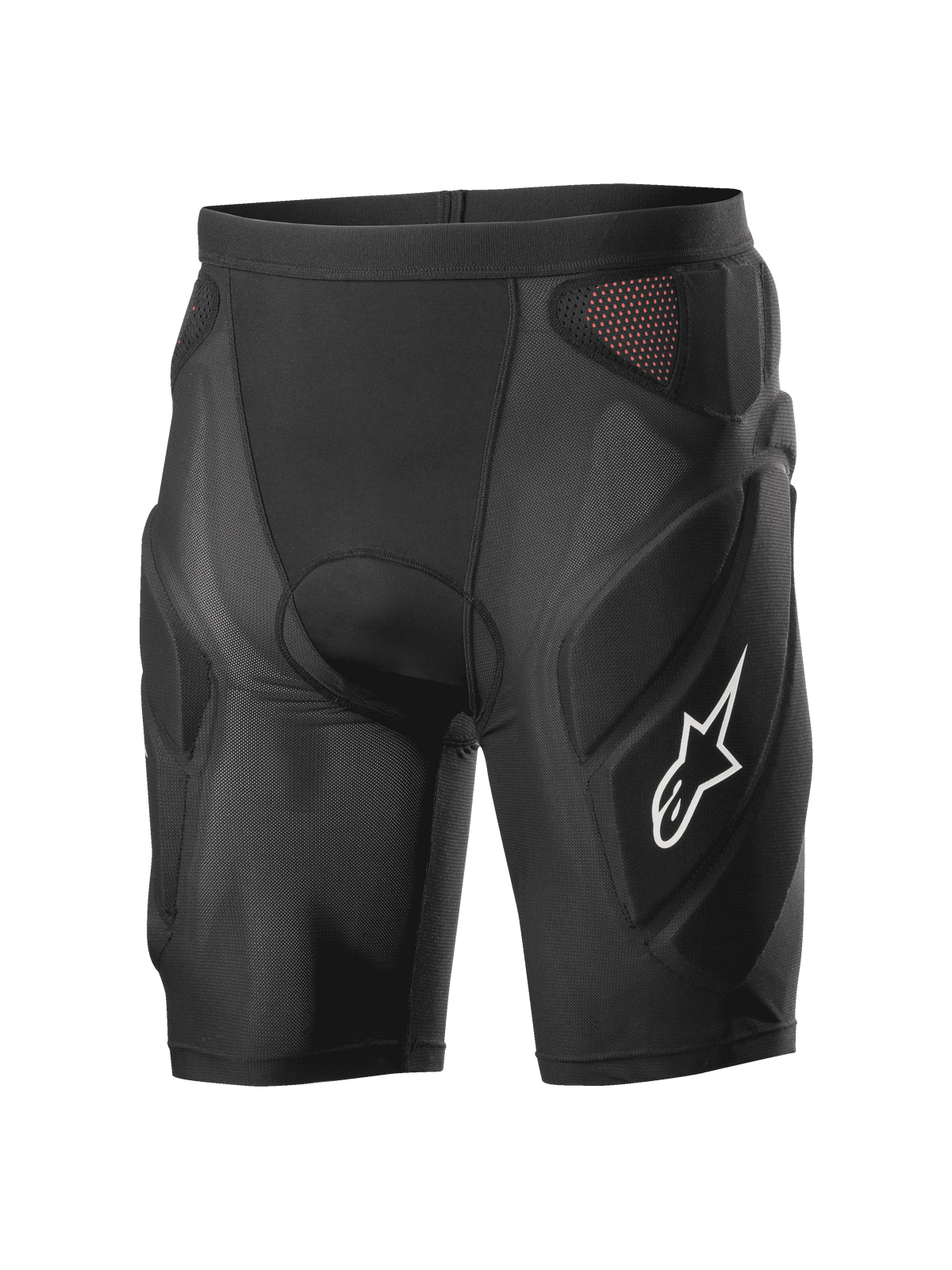 Alpinestars Vector Tech Shorts, black cycling protection shorts, padded compression design with red mesh panels, white star logo on the thigh, lightweight stretch mesh with EVA foam protection, MTB and downhill riding gear