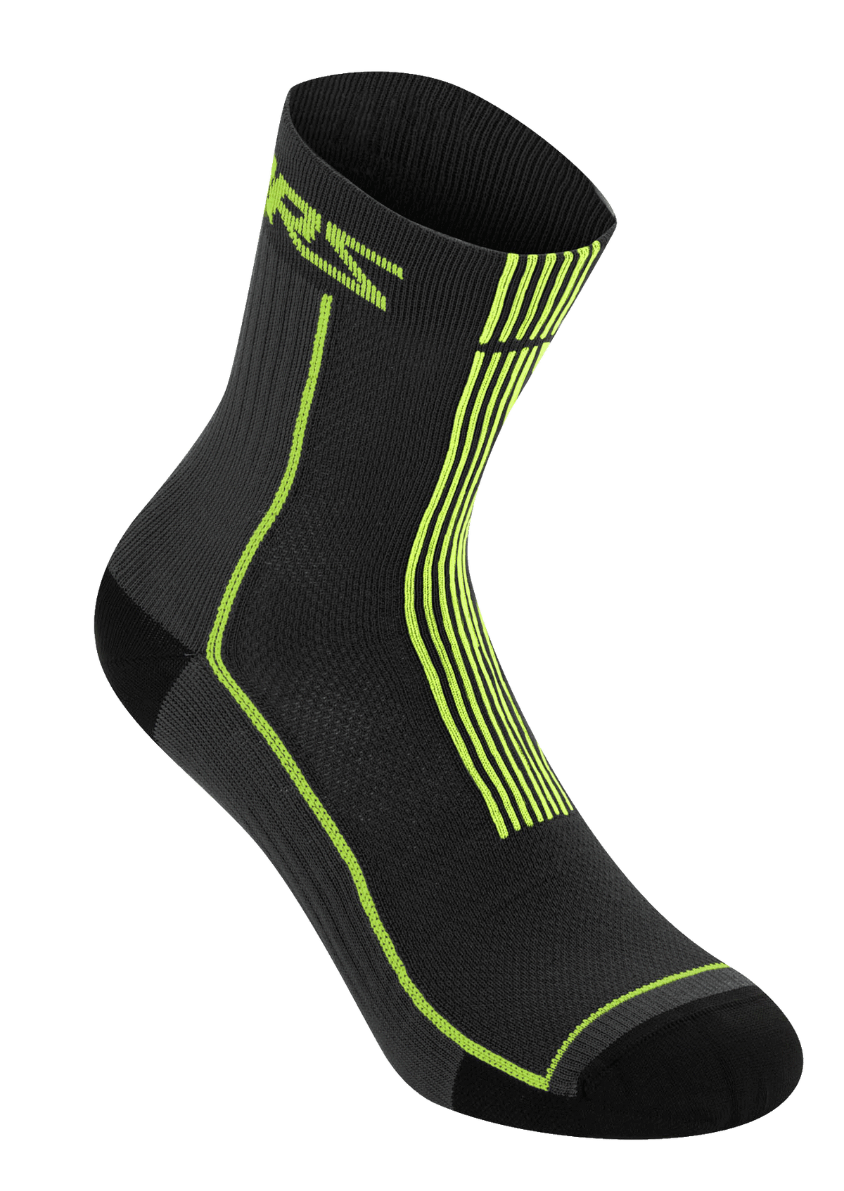 Alpinestars Summer Socks 15, Schwarz und Acid Yellow, leichte gerippte Radsocken, mit neongelbem ASTARS-Branding und vertikalen Streifen an der Ferse, atmungsaktive Mesh-Konstruktion für MTB-Fahrten bei heißem Wetter