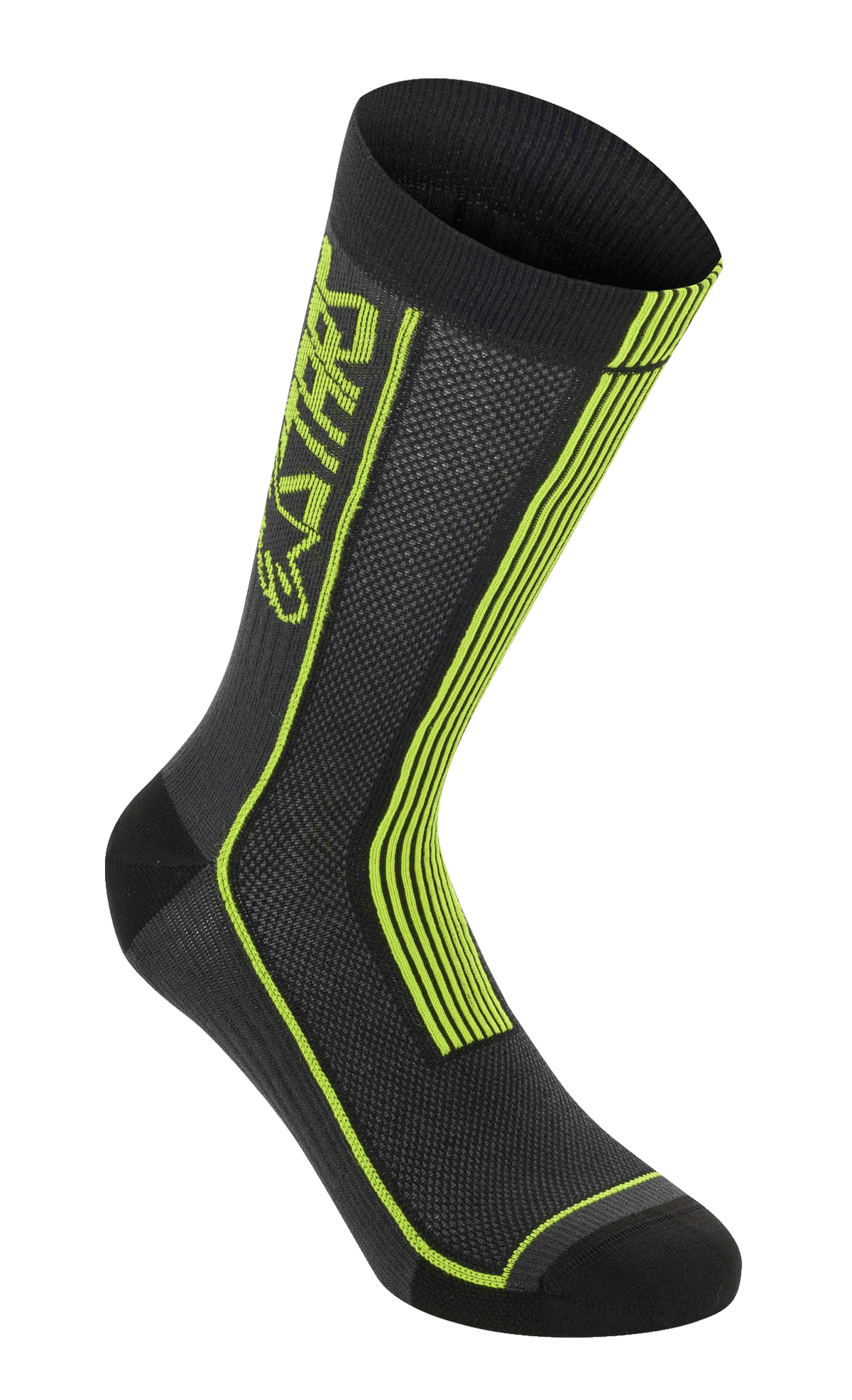 Alpinestars Summer Socks, Fahrradsocken, Schwarz und Acid Yellow, mit neongelben vertikalen Streifen und ASTARS-Branding, atmungsaktive Mesh-Konstruktion mit geripptem Bündchen, verstärkte Zehen und Ferse, leichte Performance-Ausrüstung für Mountainbiking.