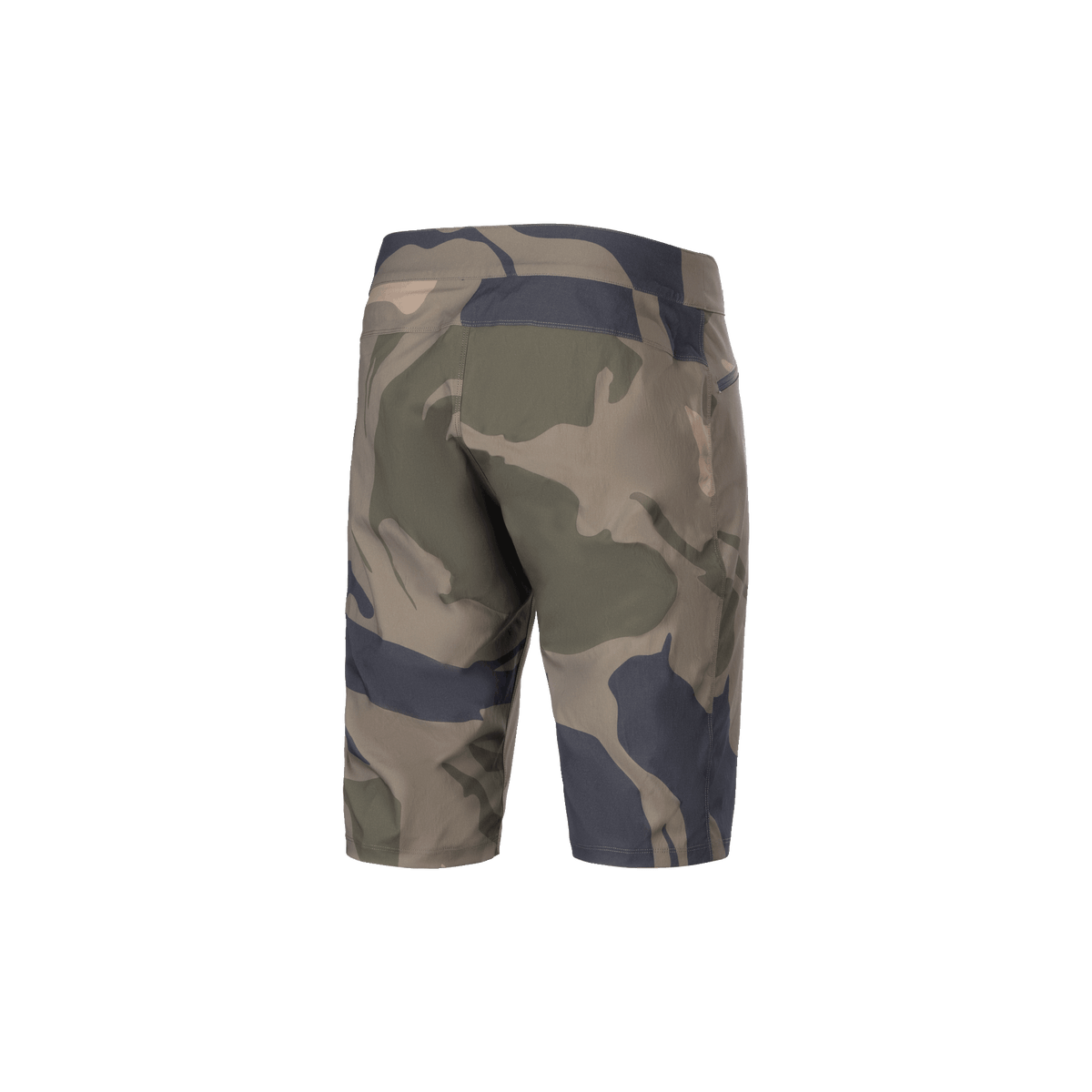 Alpinestars A-Dura Camo Liner Shorts, Herren-MTB-Shorts, Tarnfarben und Braun, Rückansicht mit strapazierfähigem 2-Wege-Stretchmaterial und Reißverschlusstaschen.