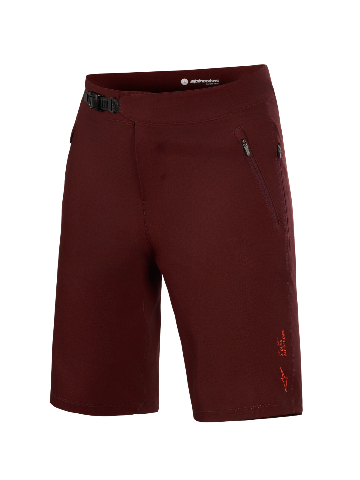 Alpinestars A-Dura Ride Shorts, bordeauxrote MTB-Hose mit Ratschenverschluss und strapazierfähigem Stretch-Gewebe.