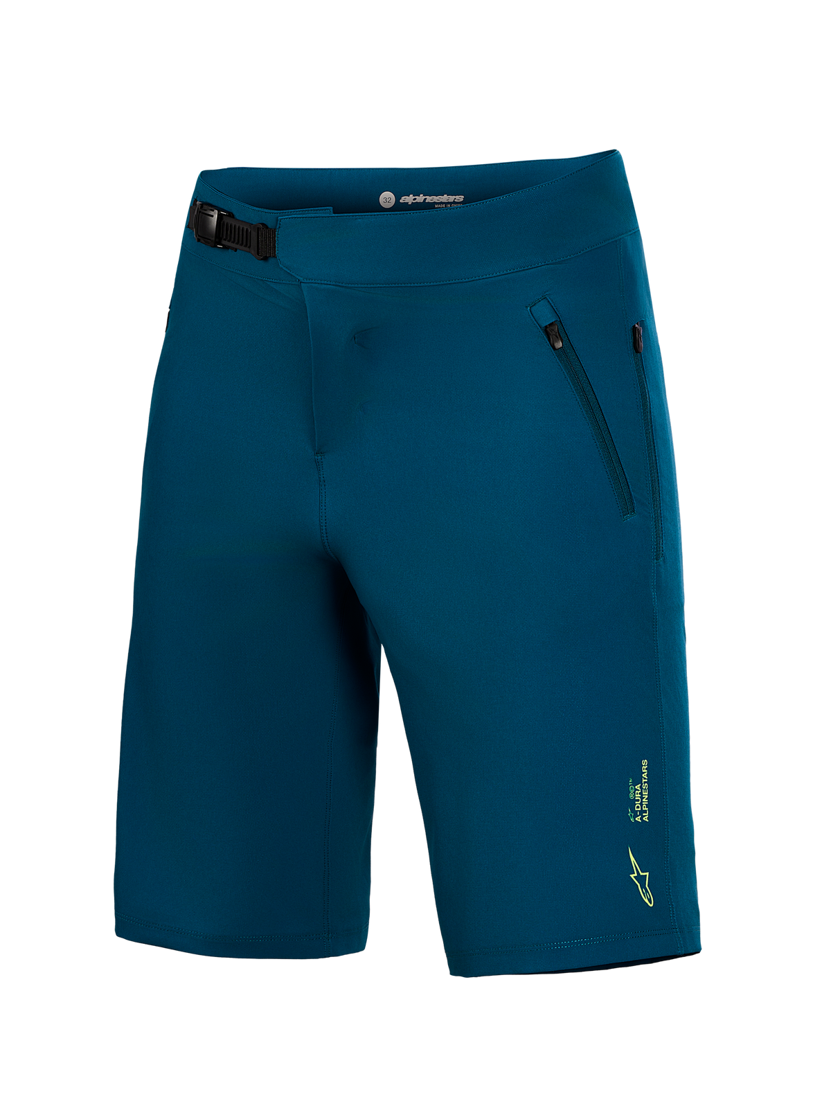 Blue green A-Dura Ride MTB shorts with a front ratchet closure system and small yellow Alpinestars logo on the leg.
