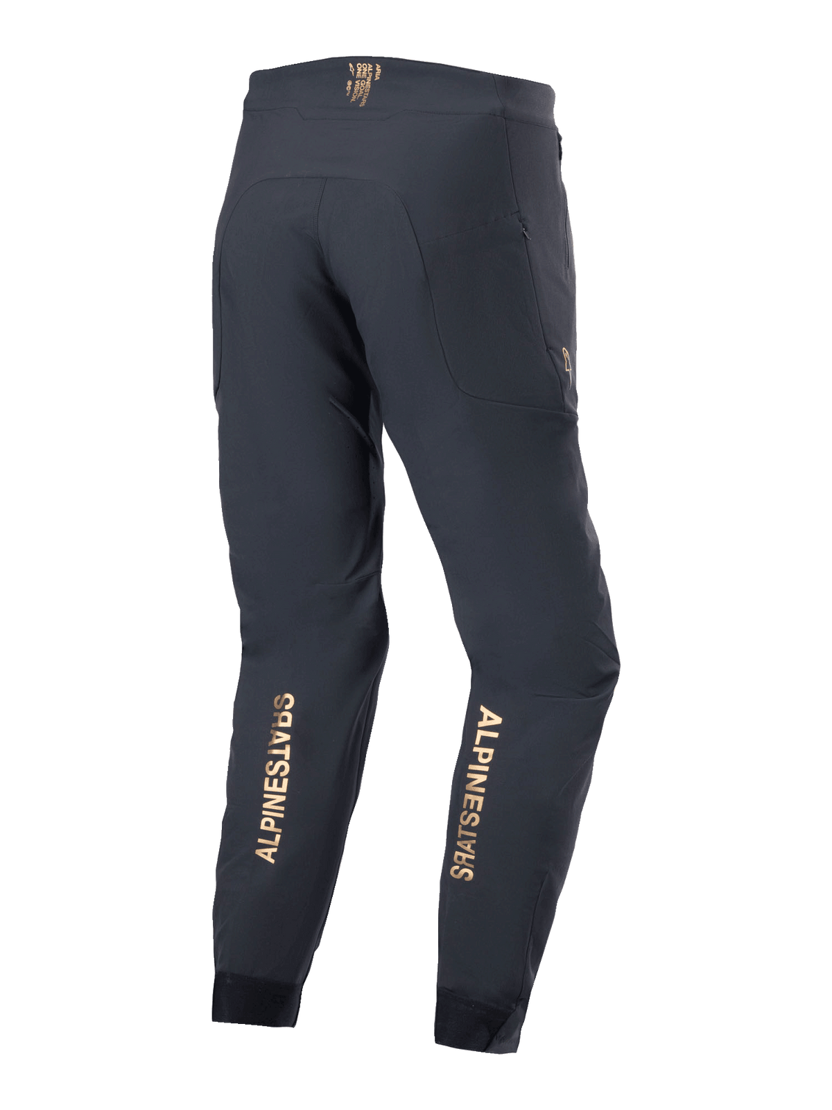 Alpinestars A-Aria Elite Pants, Mountain Bike Pants, Black, back view featuring gold vertical logos on the lower legs, performance fit with wicking waistband and zippered pockets, designed for off-road cycling.