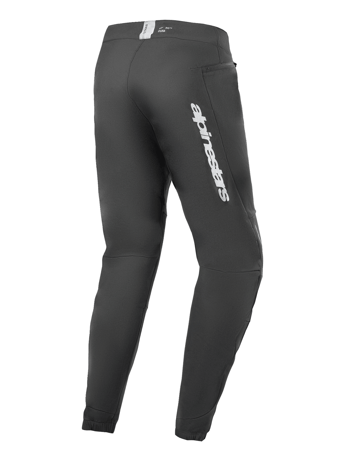 Alpinestars A-Dura Elite Hose, Mountainbike-Hose, Schwarz, seitliche Rückansicht mit silbernem Alpinestars-Branding am Oberschenkel, Reißverschlusstasche und elastischen Bündchen, strapazierfähige technische Ausrüstung für MTB