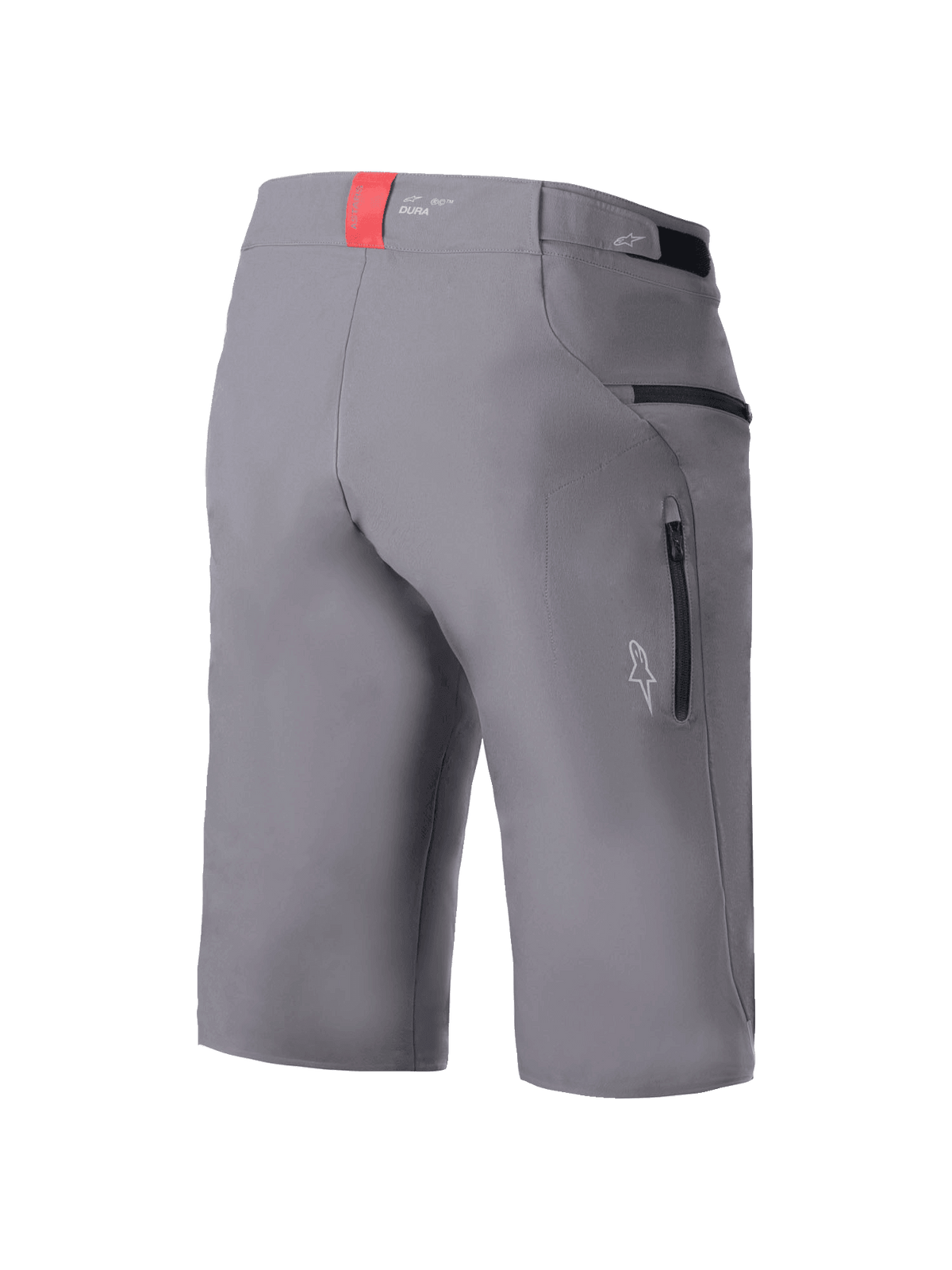 Alpinestars A-Dura Elite Shorts, MTB-Radshorts, Dunkelgrau, Dreiviertel-Rückansicht mit seitlichen Reißverschlusstaschen, Klettverschluss-Taillenversteller und roter Akzentlasche am Bund, strapazierfähiges 4-Wege-Stretch-Cordura-Gewebe, reguläre Passform fürs Mountainbiken