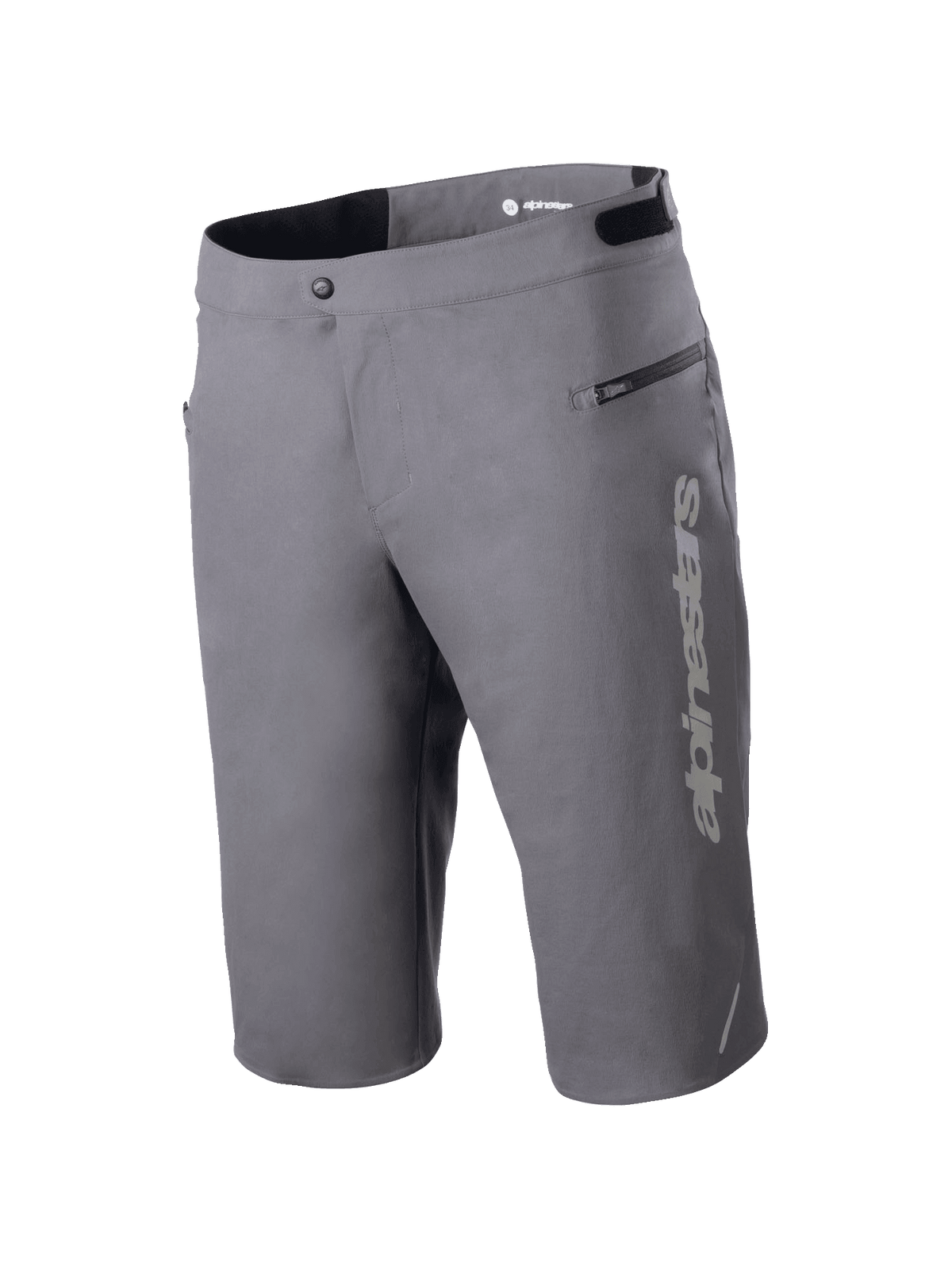 Alpinestars A-Dura Elite Shorts, Mountainbike-Shorts, Dunkelgrau, mit vertikalem Alpinestars-Logo am Bein, Seitentasche mit Reißverschluss, Druckknopfverschluss vorne und verstellbarem Bund für den Offroad-Radsport