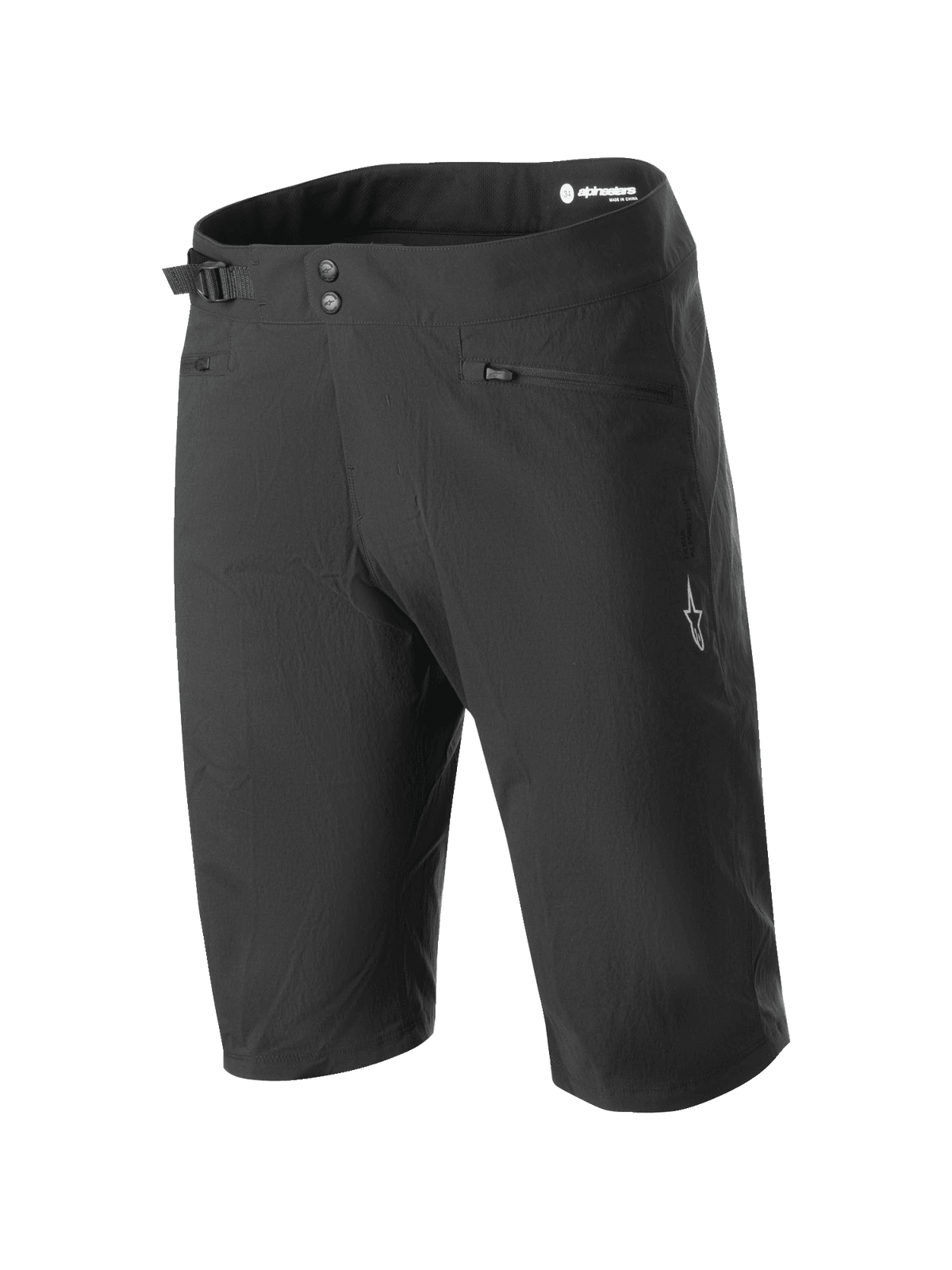 Alpinestars A-Dura Shorts, Mountainbike-Shorts, Schwarz, mit doppeltem Druckknopfverschluss, seitlichem Taillenversteller, Reißverschlusstaschen und weißem Logo am Bein, strapazierfähiger 2-Wege-Stretchstoff für den Gelände-Radsport
