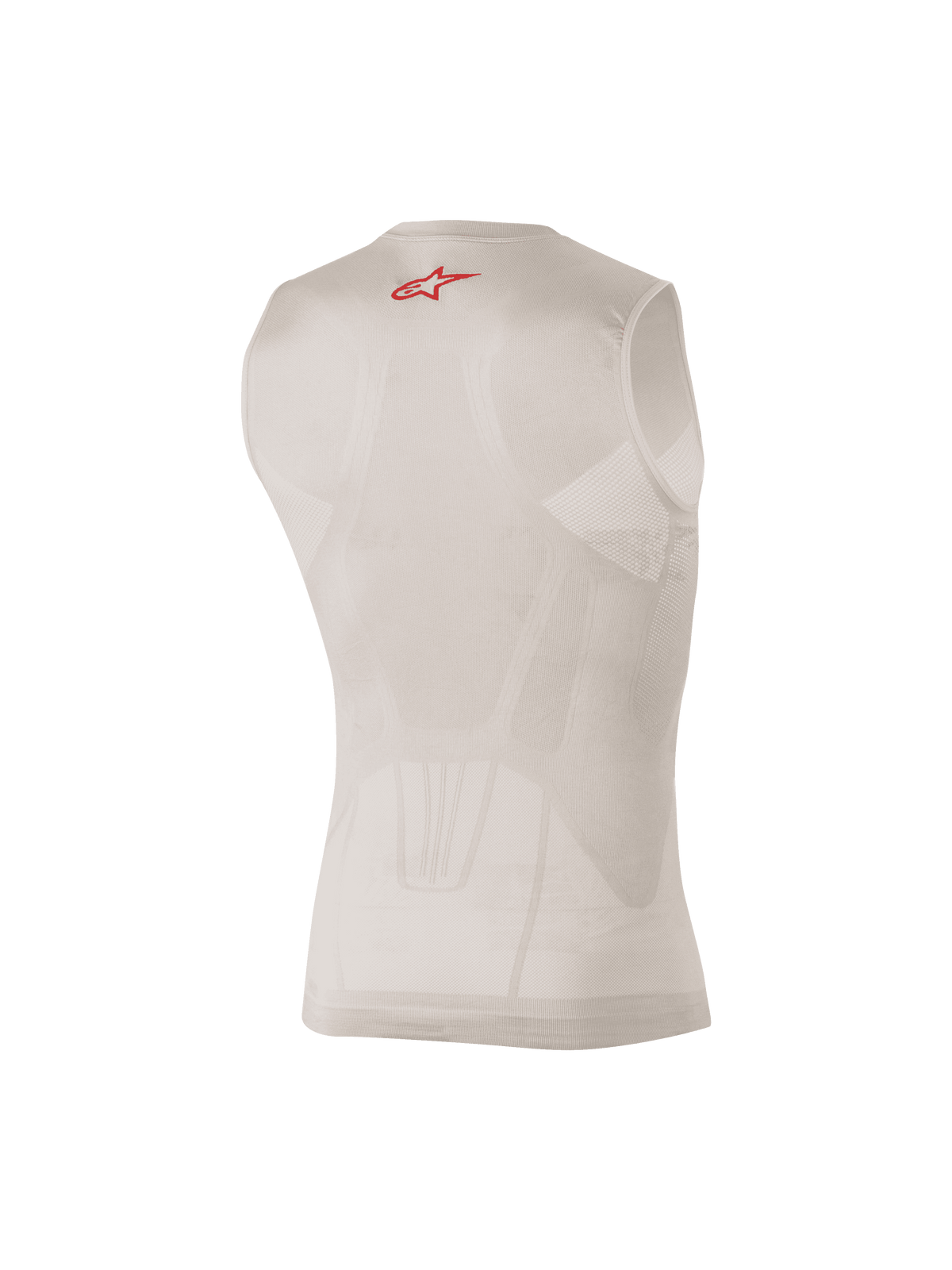Alpinestars Tech Tank Summer, ärmelloses Baselayer in Silber und Rot, Rückansicht mit körperangepassten Mesh-Einsätzen und kleinem rotem Logo am oberen Rücken, feuchtigkeitsableitend und kühlend für Motocross- oder MTB-Ausrüstung.