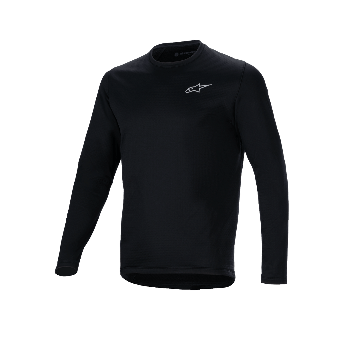 Alpinestars A-Dura Thermal Jersey, Black long-sleeve cycling jersey, small white Alpinestars logo on the chest, extended drop tail for rear coverage, insulated fleece lining for cold-weather mountain biking