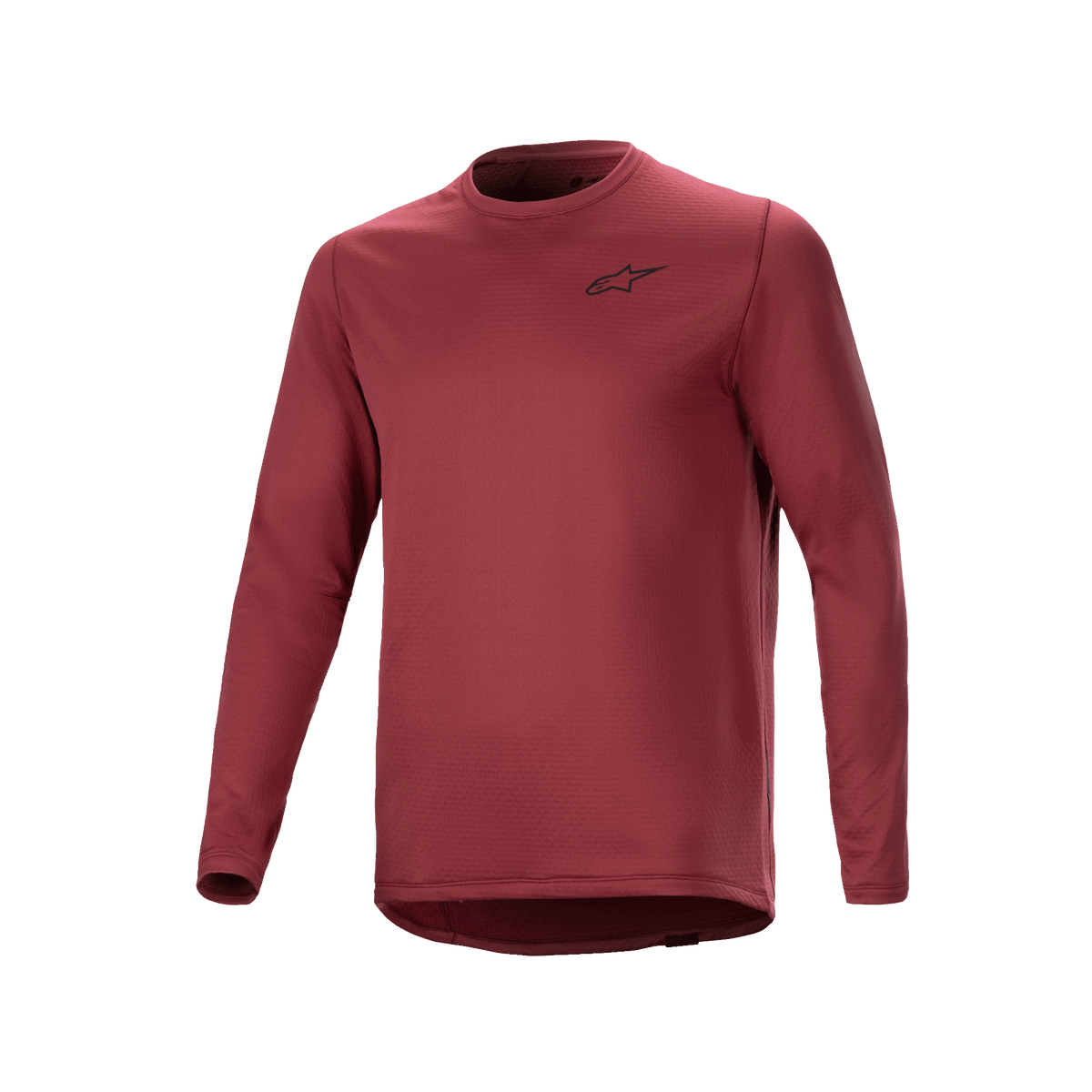 Alpinestars A-Dura Thermal Jersey, Long Sleeve Cycling Jersey, Burgundy, textured insulated fabric with small black star logo on the chest, extended drop tail hem for MTB riding.