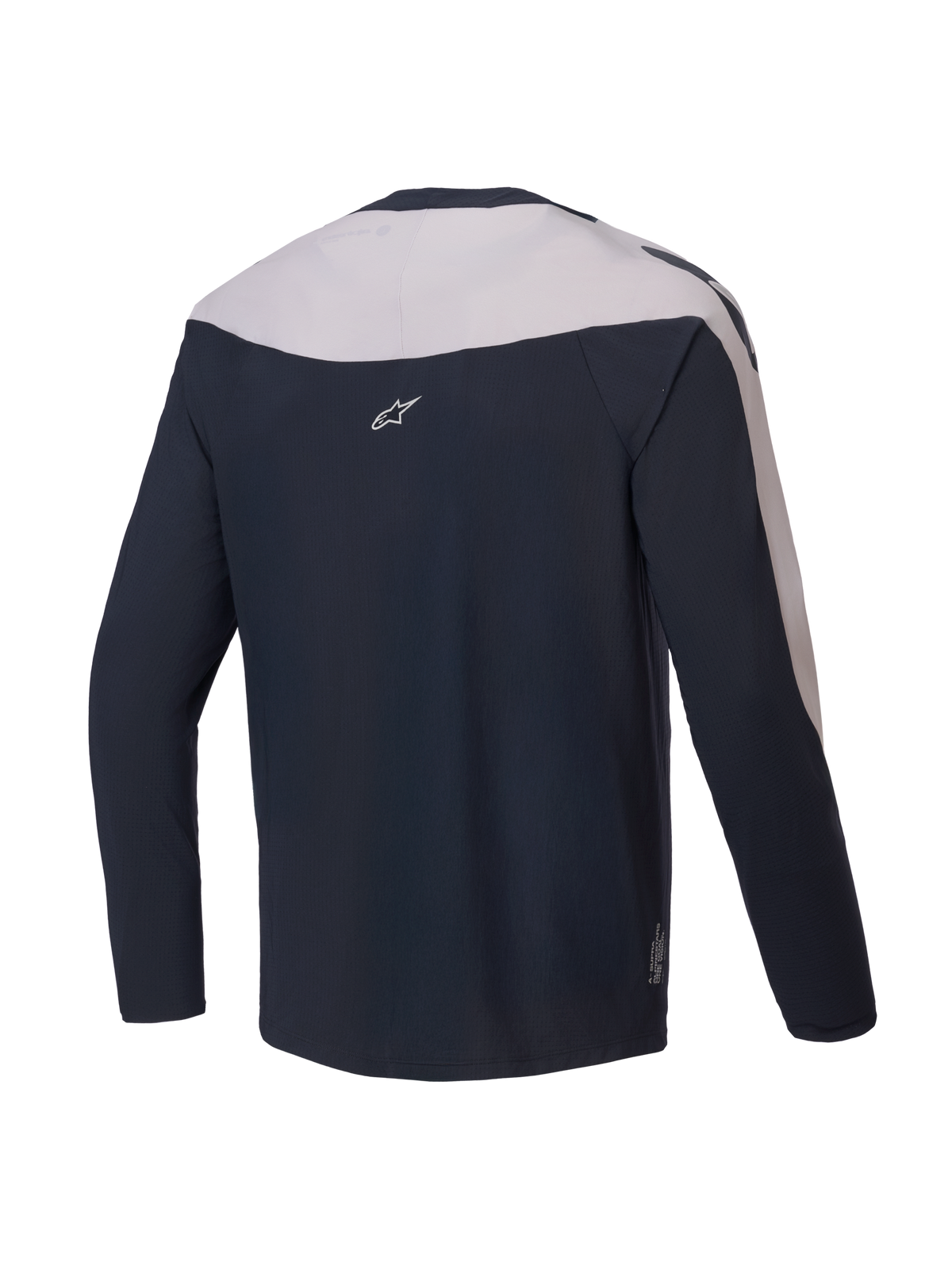 Alpinestars A-Supra Melt Trikot, Langarm-MTB-Trikot, Rückansicht, Schwarz und Hellgrau, leichtes mikroperforiertes Polyester mit Stretch-Panels