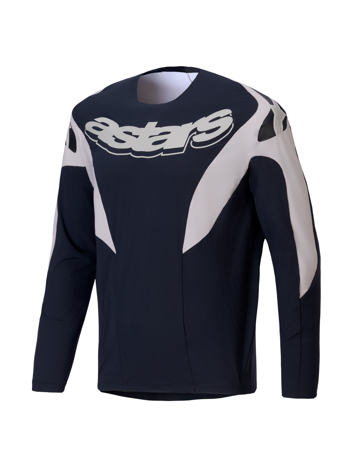 Alpinestars A-Supra Melt Langarm-MTB-Trikot, Schwarz und Weiß, mit auffälliger Astars-Brustlogo-Grafik und belüfteter Stretch-Konstruktion.