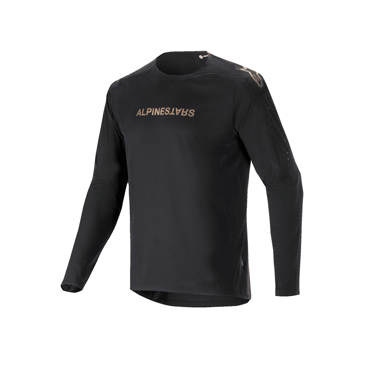 Alpinestars A-Aria Polartec Switch Langarmtrikot, Schwarz, Mountainbike-Trikot mit goldfarbenem Alpinestars-Branding auf Brust und Schultern, laserperforierten Ärmeln und feuchtigkeitsableitendem Polartec-Gewebe für Offroad-Performance