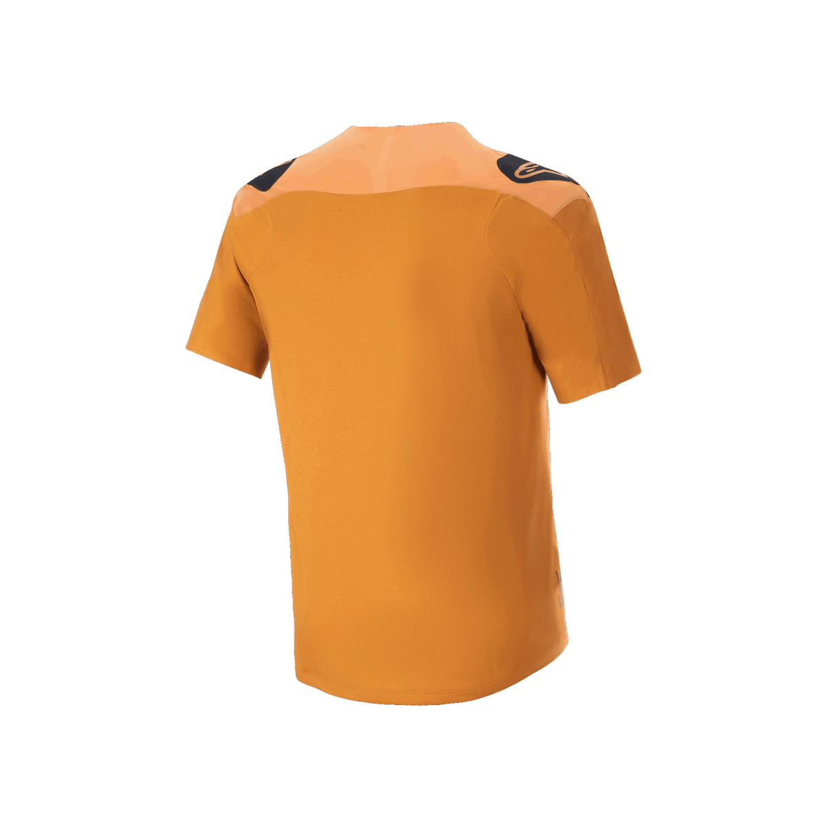 Alpinestars A-Aria Polartec Switch Trikot, Kurzarm-MTB-Trikot, Dark Gold, Rückansicht mit schwarzen Schulterlogos und längerem abfallendem Saum, Performance-Mountainbike-Bekleidung