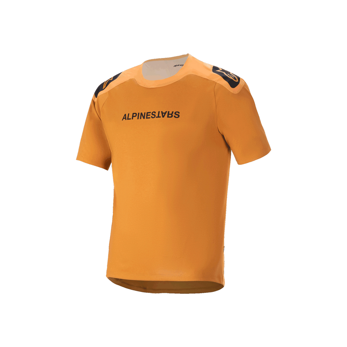 Alpinestars A-Aria Polartec Switch Kurzarm-Trikot, Dark Gold, schwarzer Alpinestars-Schriftzug auf der Brust, Schulterlogos, technische Mountainbike-Bekleidung mit Drop-Tail-Design