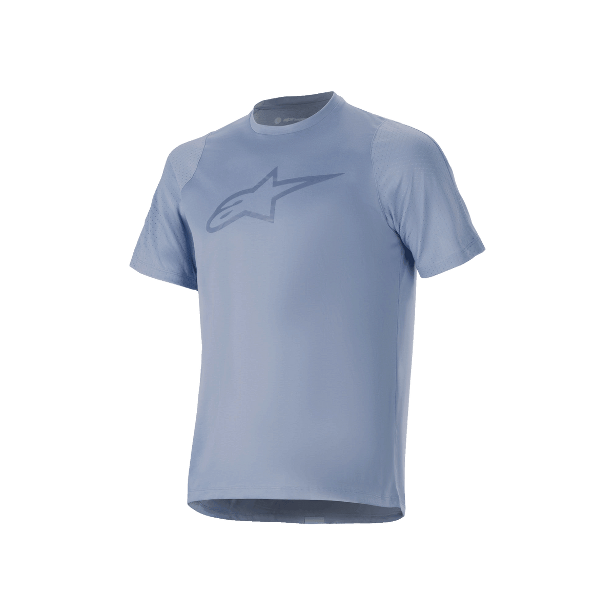 Alpinestars A-Dura Dri Astar Kurzarmtrikot, Infinity Blue, mit großem Brust-Logo, atmungsaktiven Mesh-Einsätzen an den Ärmeln und drirelease-Gewebe, konzipiert für Mountainbike-Performance.