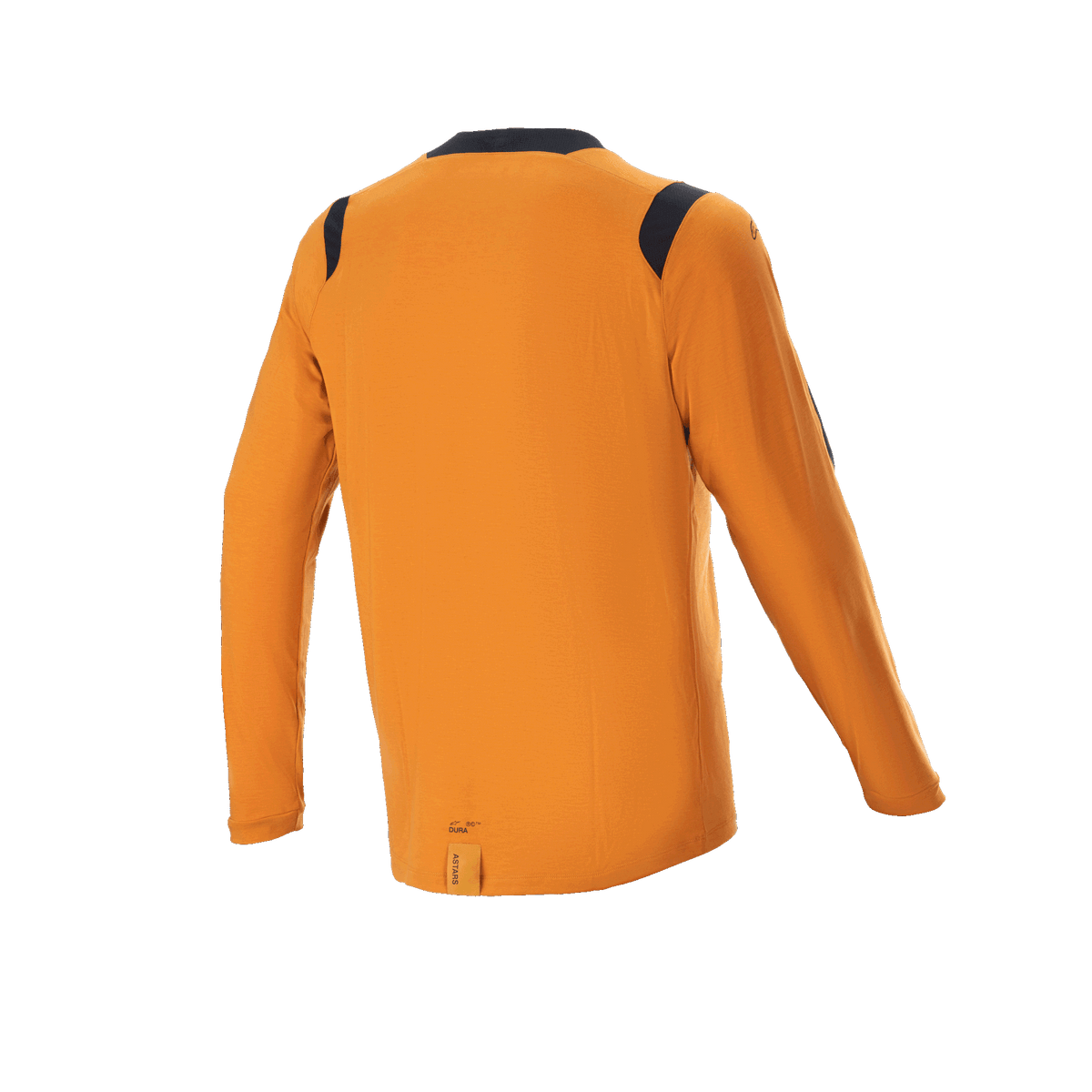 Alpinestars A-Dura Dri Wool Langarmtrikot, Dark Gold, Rückansicht mit schwarzen Mesh-Einsätzen an den Schultern und am Kragen, technische Mountainbike-Bekleidung mit verlängerter Rückenpartie