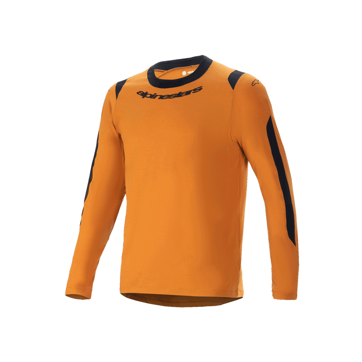 Alpinestars A-Dura Dri Wool Langarmtrikot, Mountainbike-Trikot, Dunkelgold, schwarzer Rundhalsausschnitt und Mesh-Einsätze an Schultern und Armen, Alpinestars-Schriftzug auf der Brust, technische Wollmischung für Trail-Fahrten