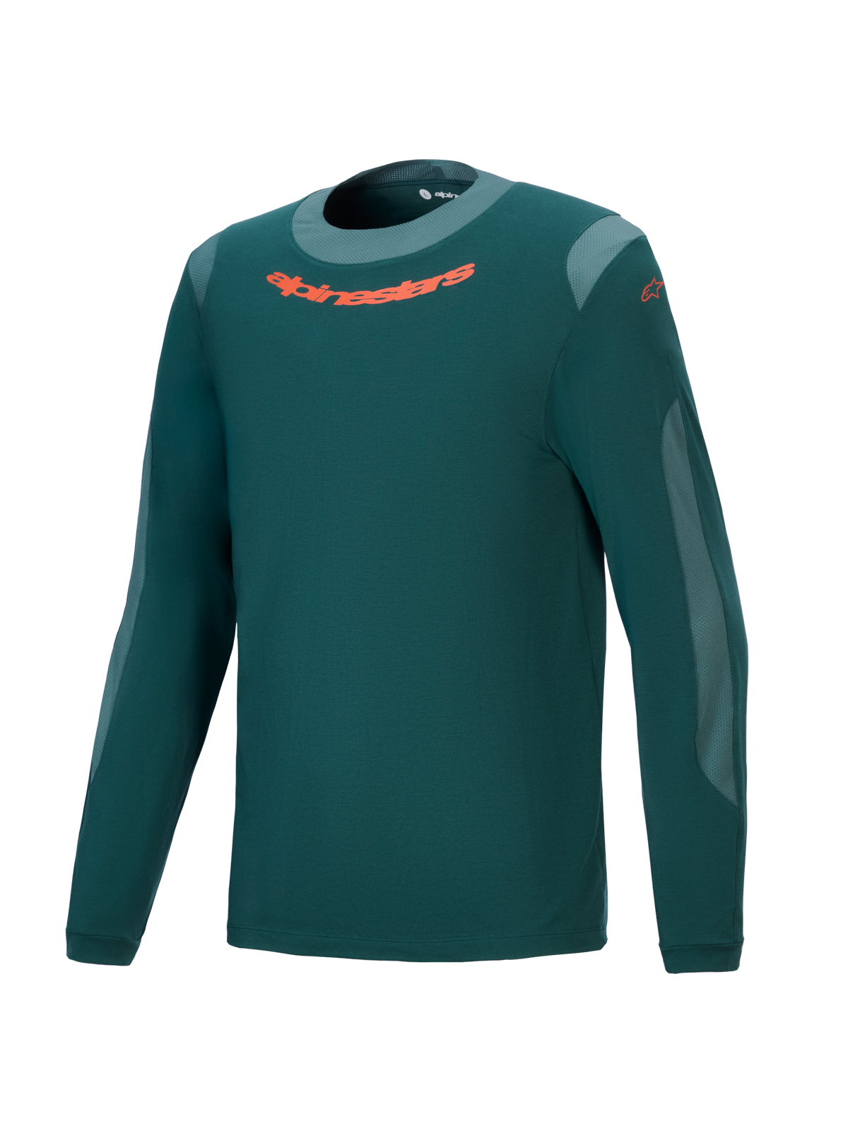 Alpinestars A-Dura Dri Wool Jersey - Long Sleeve, Dark Pine Green, Performance Mountain Bike Jersey with orange chest logo, light gray mesh panels, and round neck