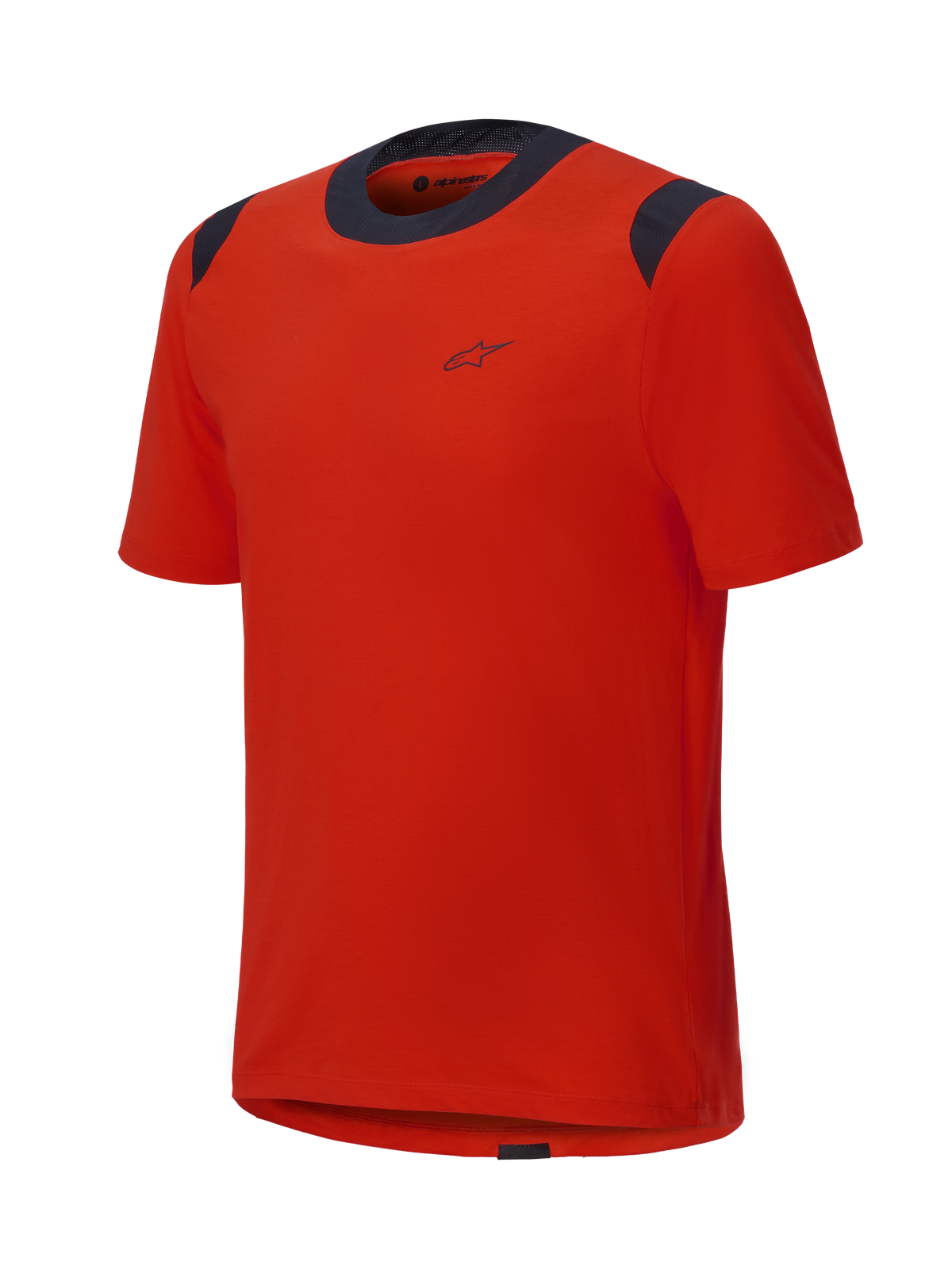 Alpinestars A-Dura Dri Wool Kurzarmtrikot, Spicy Orange mit schwarzen Mesh-Einsätzen an Kragen und Schultern, minimalistisches Design mit kleinem Logo auf der Brust, technische Mountainbike-Bekleidung