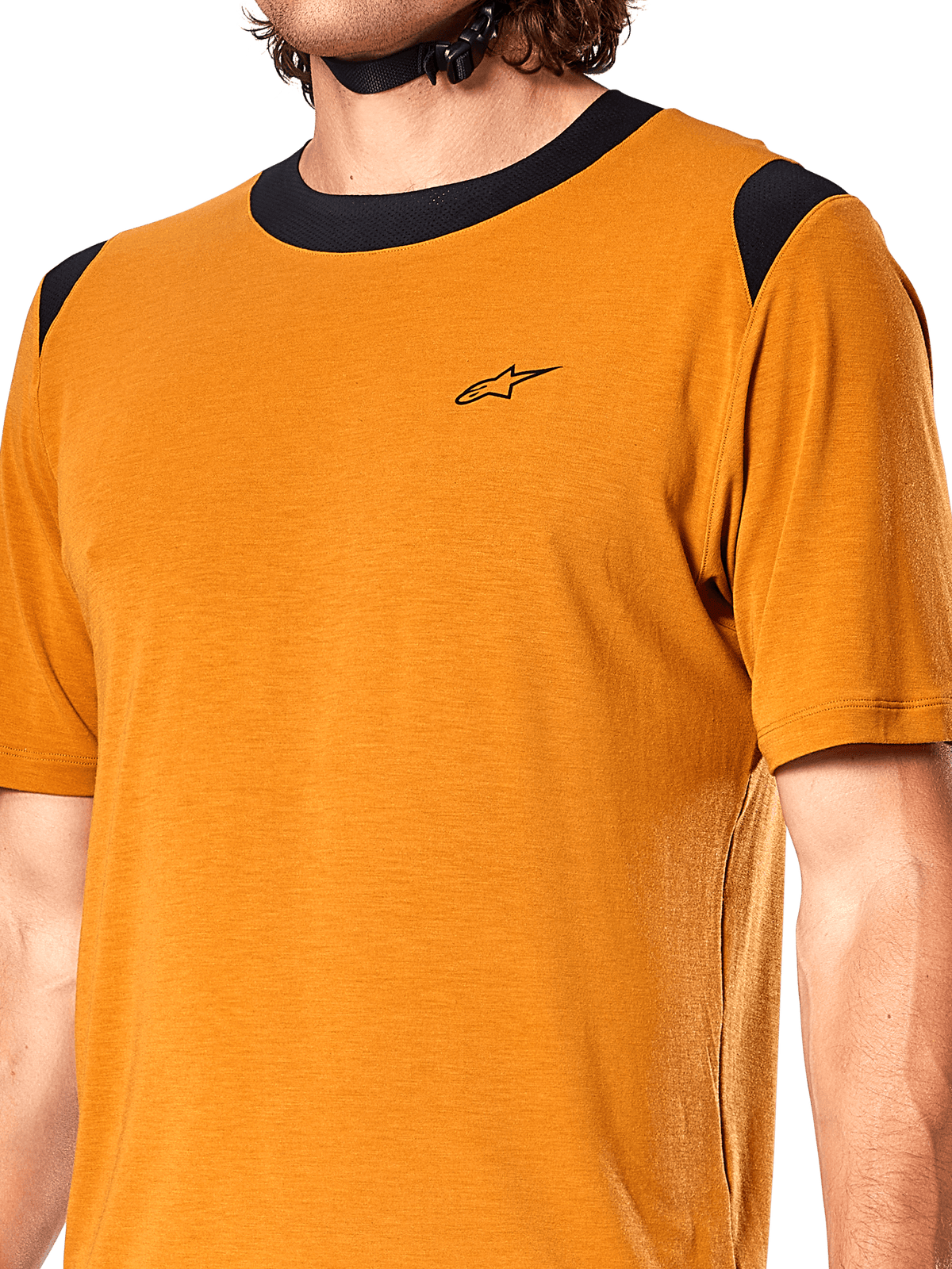 Alpinestars A-Dura Dri Wool Jersey, Short Sleeve Cycling Jersey, Dark Gold, black mesh collar and shoulder panels, small black chest logo, close-up front view