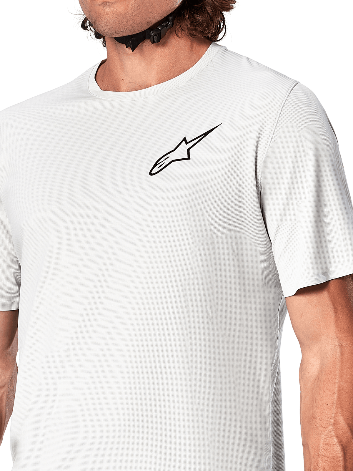 Alpinestars A-Aria Astar Trikot, Kurzarm-Radsporttrikot, White Dove, Nahaufnahme mit schwarzem Astar-Logo auf der Brust, atmungsaktives strukturiertes Polyestermaterial, leichte Performance-Passform fürs Mountainbiken