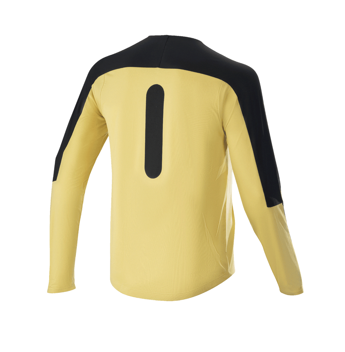 Alpinestars Drop Meta Trikot – Langarm, Mountainbike-Trikot, Gold und Schwarz, Rückansicht mit schwarzen Schulterpartien und vertikaler Grafik, leichtes Mesh-Gewebe mit verlängerter Rückenpartie für MTB-Trail-Fahrten