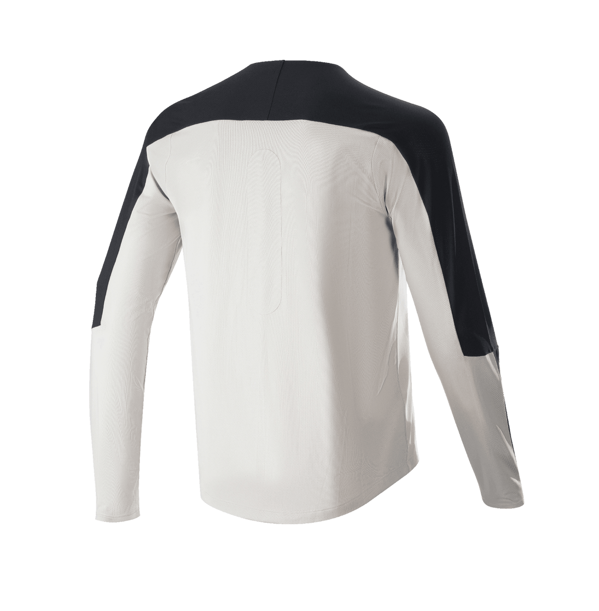 Alpinestars Drop Meta Trikot – Langarm, MTB-Trikot, Hellgrau mit schwarzen Akzenten an Schultern und Ärmeln, Rückansicht mit verlängertem Rückenteil, atmungsaktives Mesh-Gewebe für Offroad-Radsport