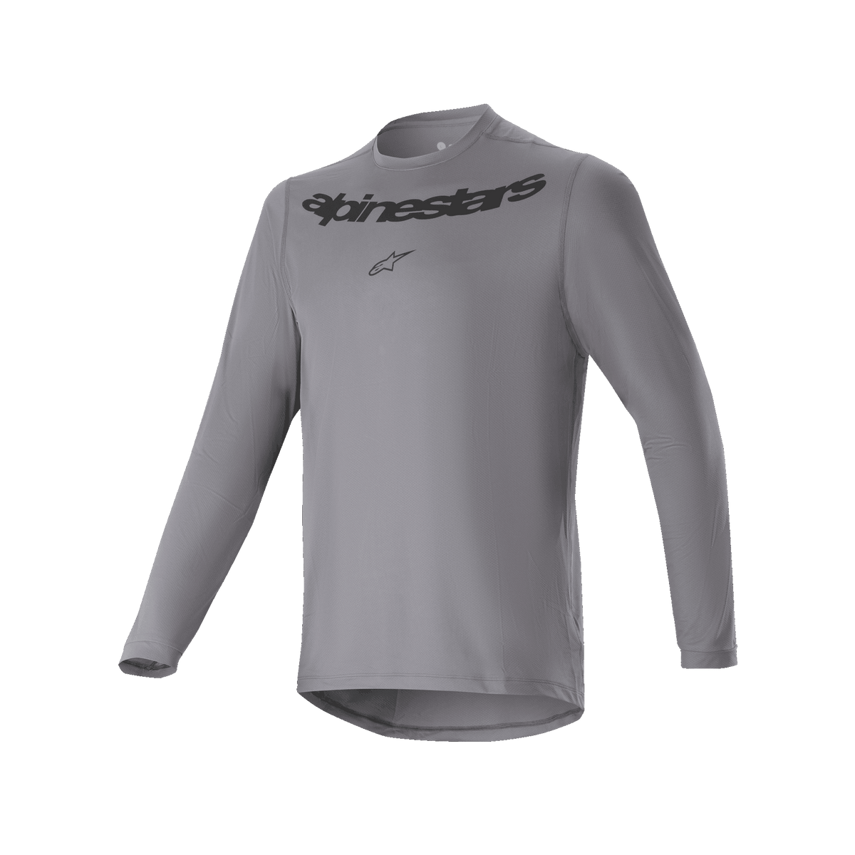 Alpinestars A-Dura Rocker Long Sleeve Jersey, MTB Cycling Jersey, Dark Gray, featuring black Alpinestars wordmark and star logo on chest, longer drop tail, performance cycling gear for mountain biking