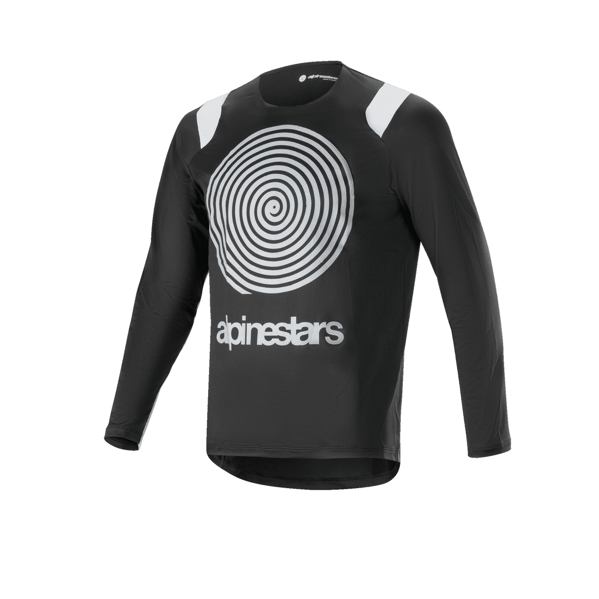 Alpinestars A-Supra Oscar Langarmtrikot, schwarzes Radsport-Trikot, mit großer weißer Oscar-Spiralgrafik auf der Brust, weißen Schulterakzenten und Alpinestars-Logo, leicht und atmungsaktiv für MTB-Gravity-Fahrten