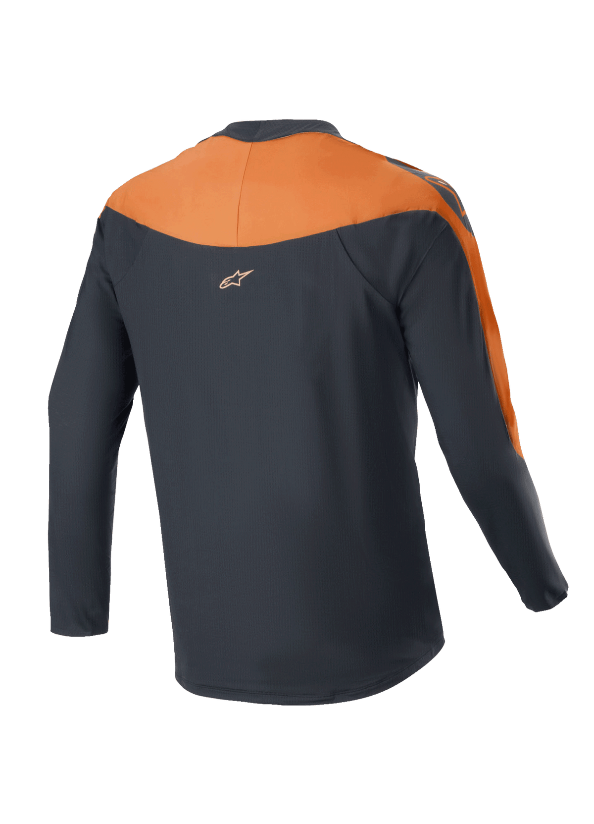 Alpinestars A-Supra Race Jersey – Langarm, MTB-Trikot, Schwarz und Orange, Rückansicht mit orangefarbenen Schulter- und Ärmeleinsätzen, kleines Alpinestars-Logo am oberen Rücken, verlängerter Rückensaum für optimale Abdeckung beim Radfahren