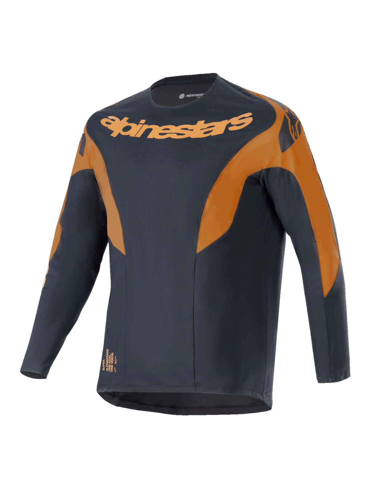 Alpinestars A-Supra Race Trikot, Langarm-MTB-Trikot, Schwarz mit orangefarbenen Akzenten, markantes Alpinestars-Logo auf Brust und Schultern, mikroperforiertes Polyestergewebe, rennsportinspiriertes Design