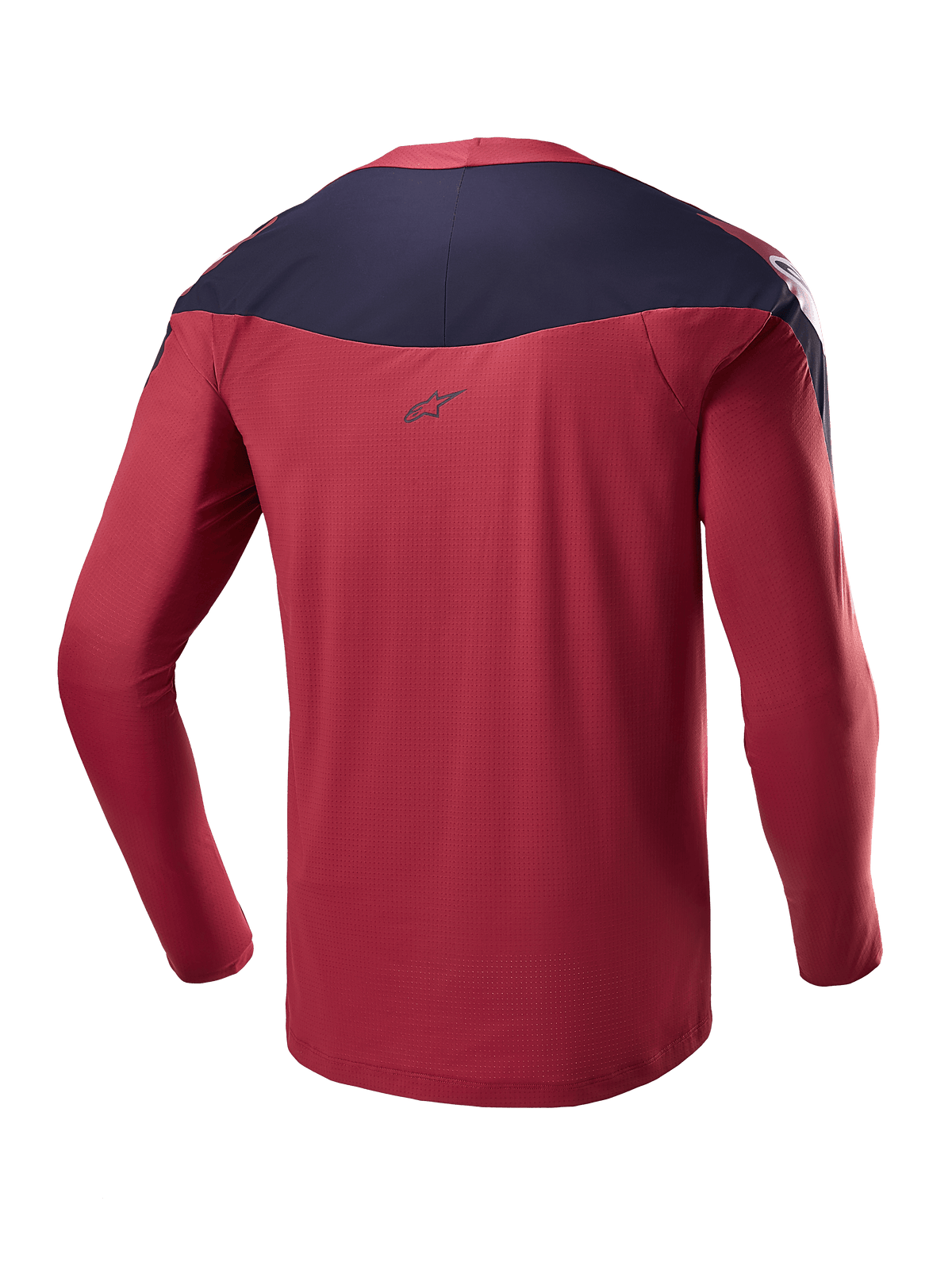 Alpinestars A-Supra Race Trikot - Langarm, Burgundy und Navy, Rückansicht mit technischem mikroperforiertem Gewebe, dunkler Schultereinsatz mit Logo, Performance-MTB-Ausrüstung