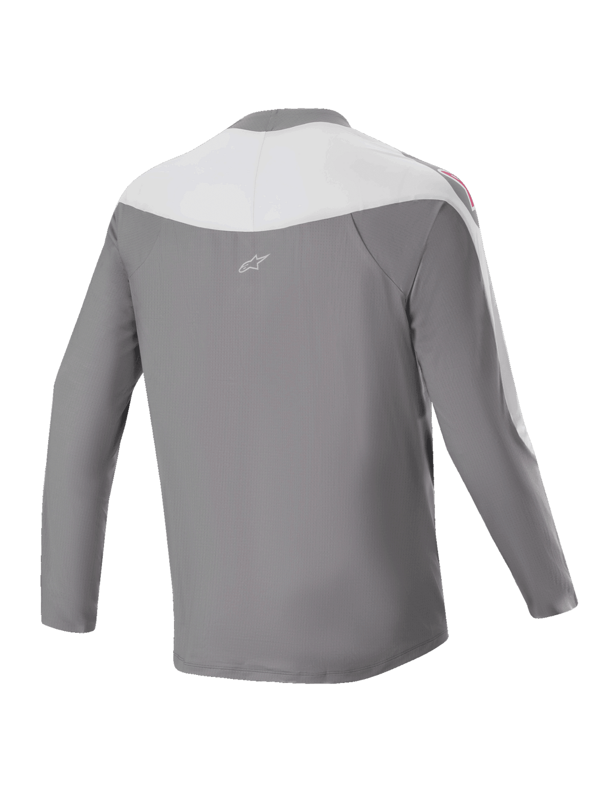 Alpinestars A-Supra Race Trikot – Langarm, MTB-Trikot, Dunkelgrau und Weiß, Rückansicht mit kleinem Stern-Logo, roten Schultergrafiken und Performance-Passform für den Offroad-Rennsport