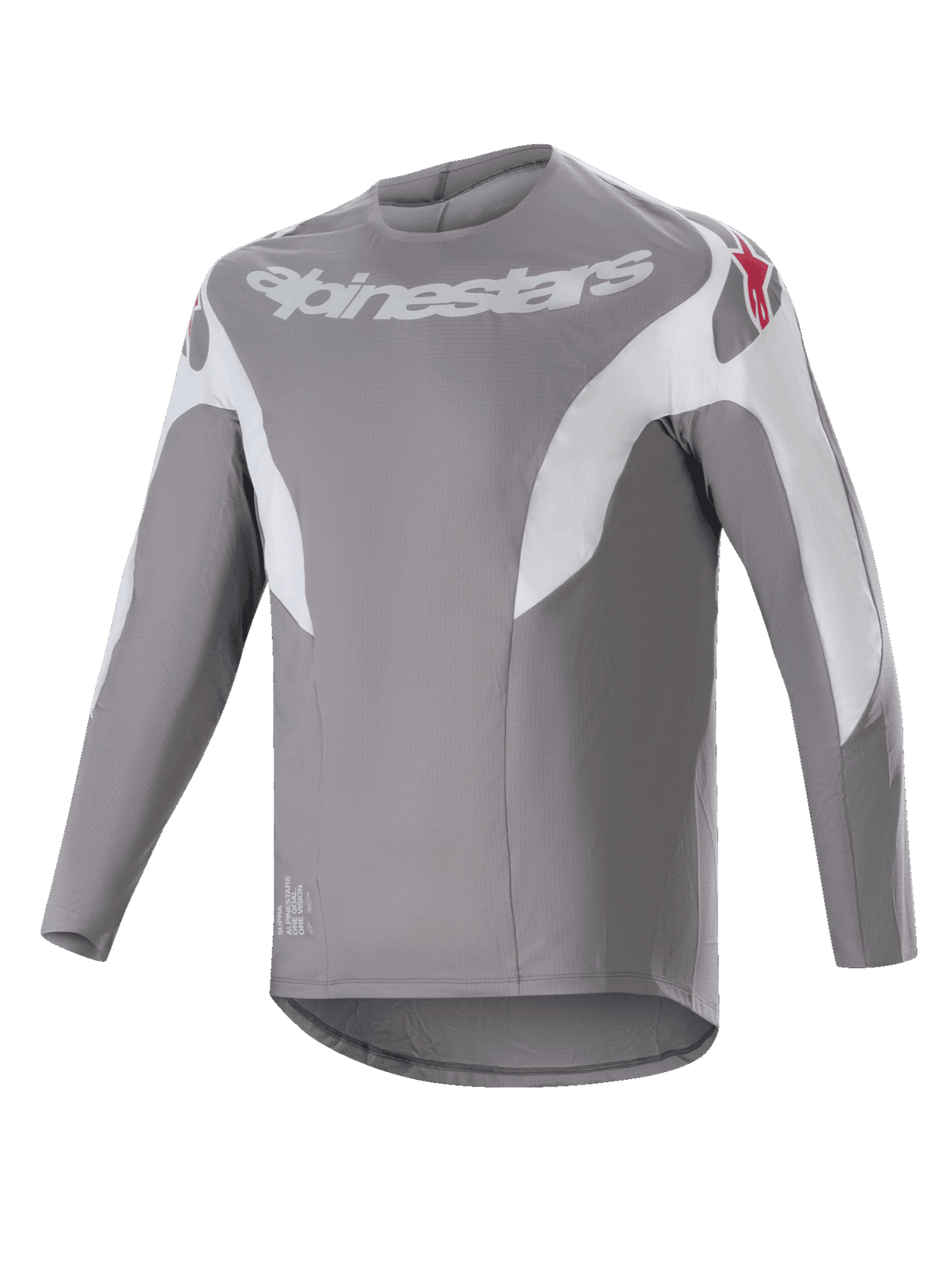 Alpinestars A-Supra Race Trikot, Langarm-MTB-Trikot, Dunkelgrau mit weißen Einsätzen, weißes Alpinestars-Logo auf der Brust und rote Stern-Logos auf den Schultern, technisches mikroperforiertes Gewebe mit verlängertem Rückensaum für den Offroad-Radsport