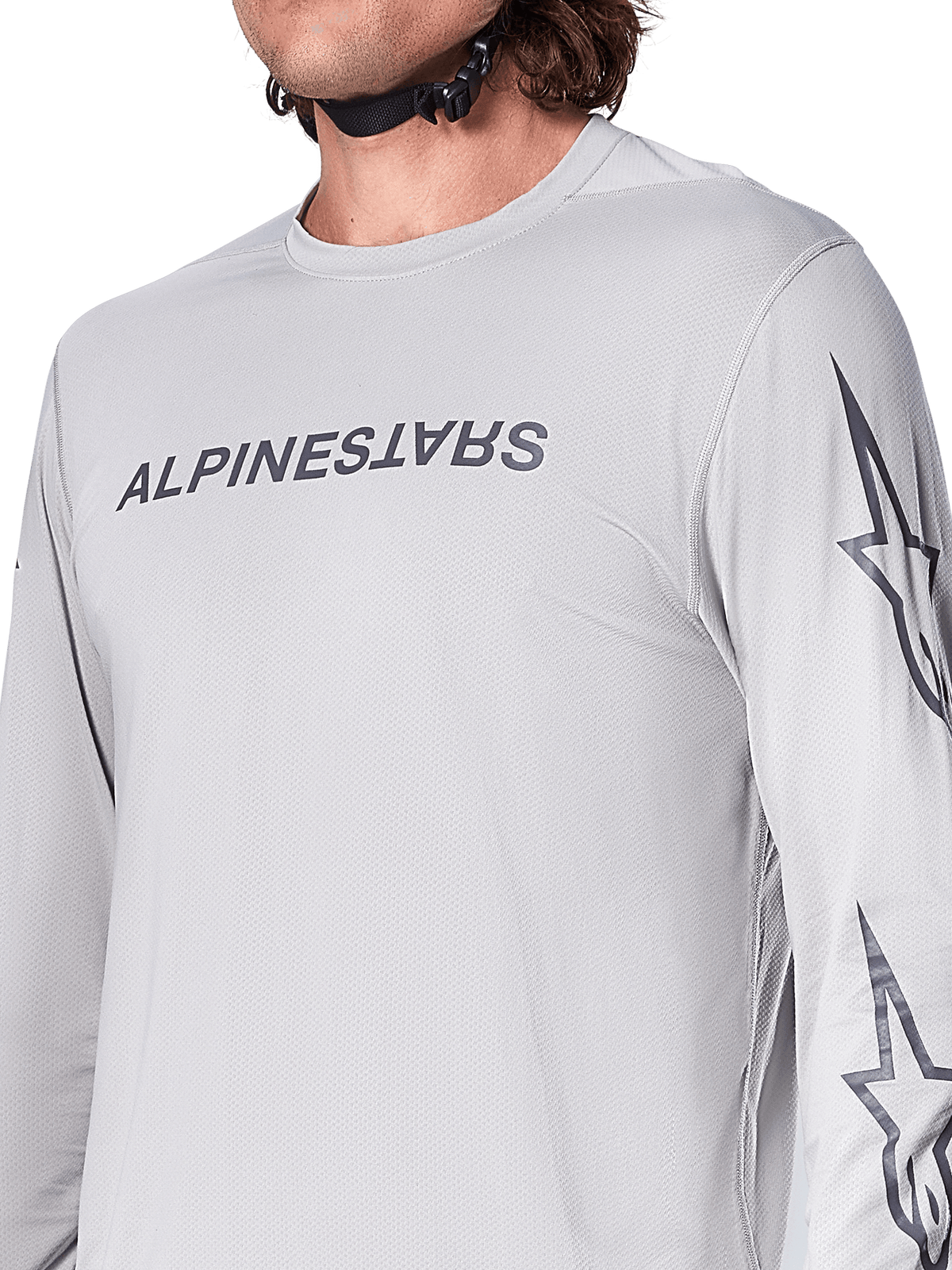 Alpinestars A-Dura Switch Jersey - Long Sleeve, Light Gray mountain bike jersey with dark gray wordmark on the chest and star logo on the sleeve, breathable jacquard texture, performance cycling gear for trail riding