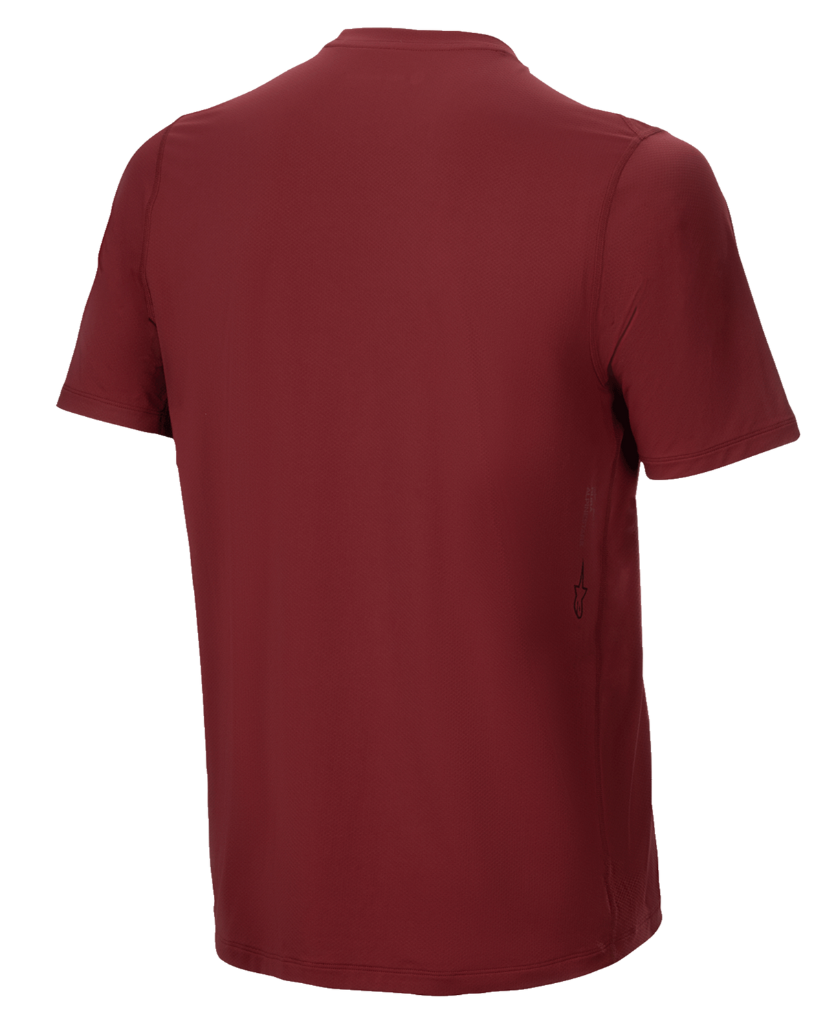 Alpinestars A-Dura Switch Short Sleeve Jersey, Burgundy, Back view, featuring a drop tail hem and a small vertical Alpinestars logo on the lower side, performance MTB cycling apparel.