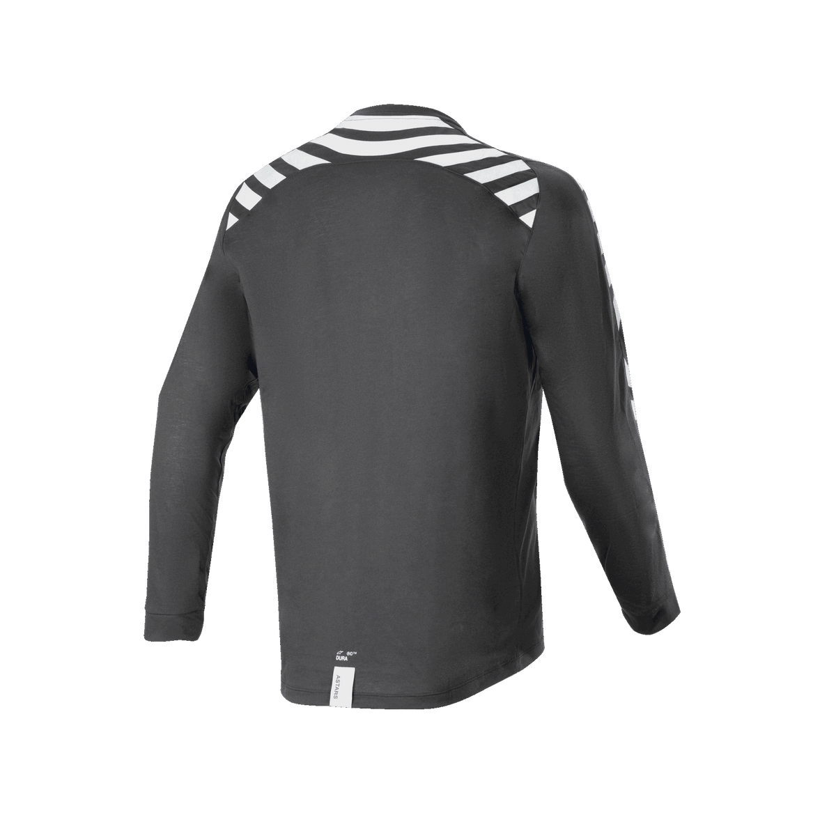 Alpinestars A-Dura Dri Oscar Langarmtrikot, Schwarz Reflektierend, Rückansicht mit weißen reflektierenden Streifen an Schultern und Armen, technisches recyceltes drirelease®-Gewebe, verlängerter Saum am Rücken für Offroad-Radsport